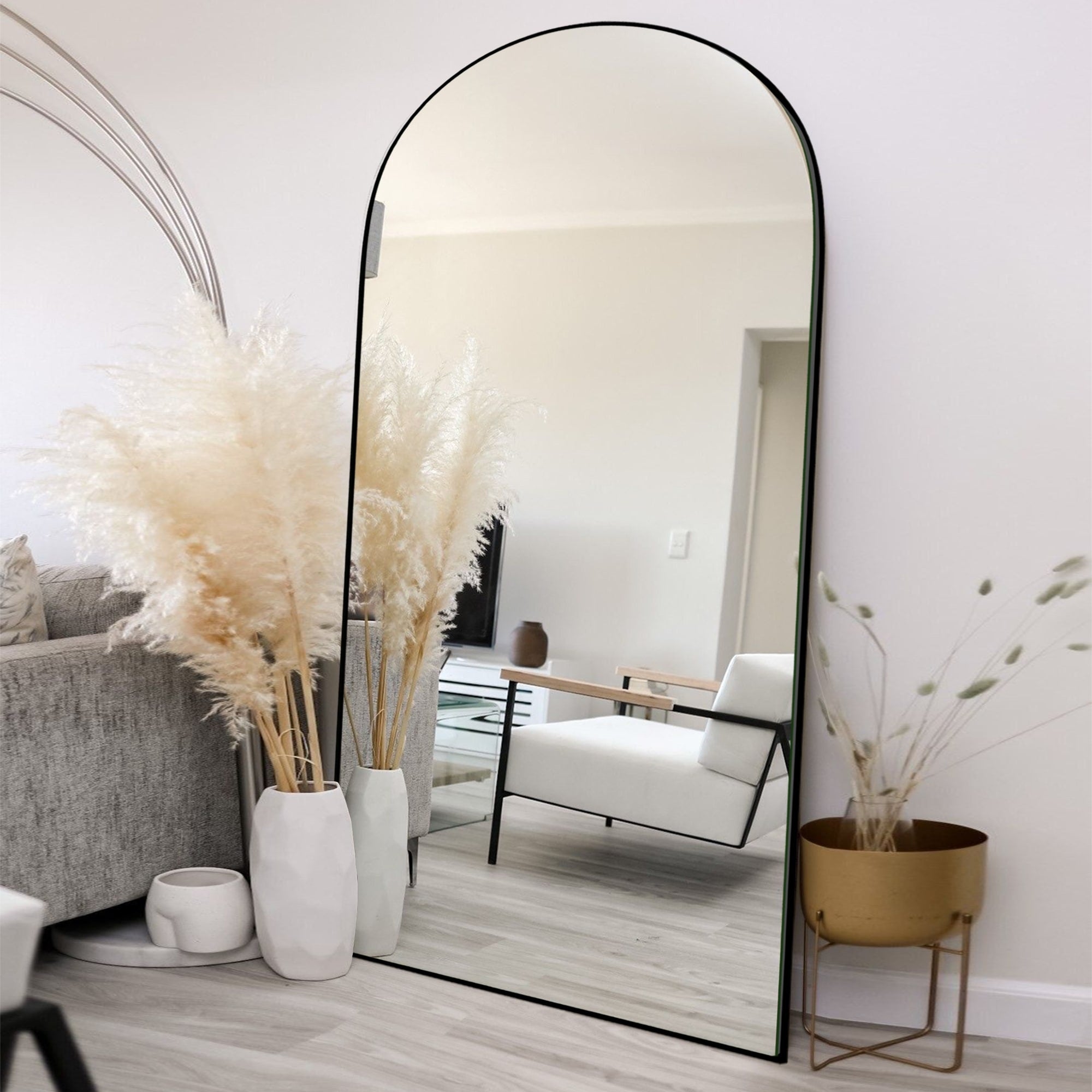 Modern Arched Full-Length Wood Floor Standing Mirror