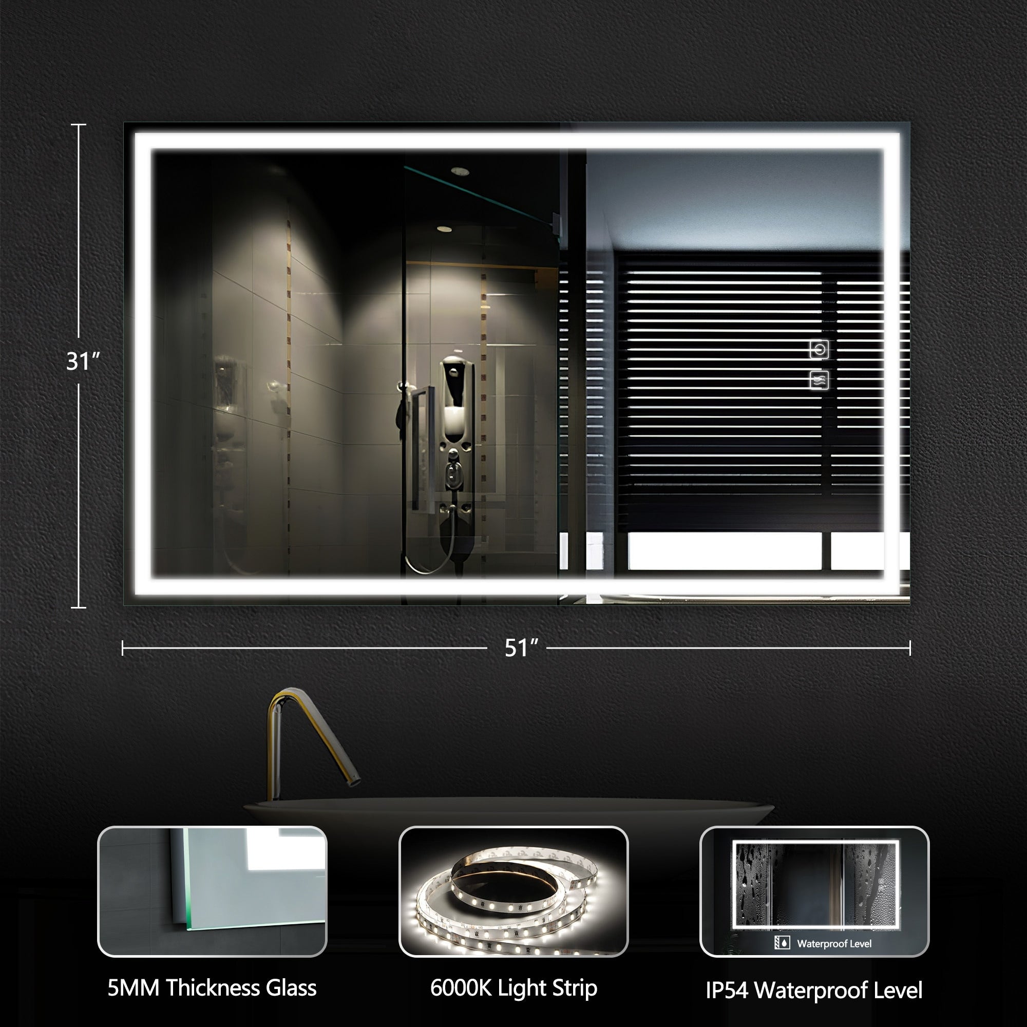 LED Mirror Bathroom Wall Mirror Vanity Mirror Waterproof Design