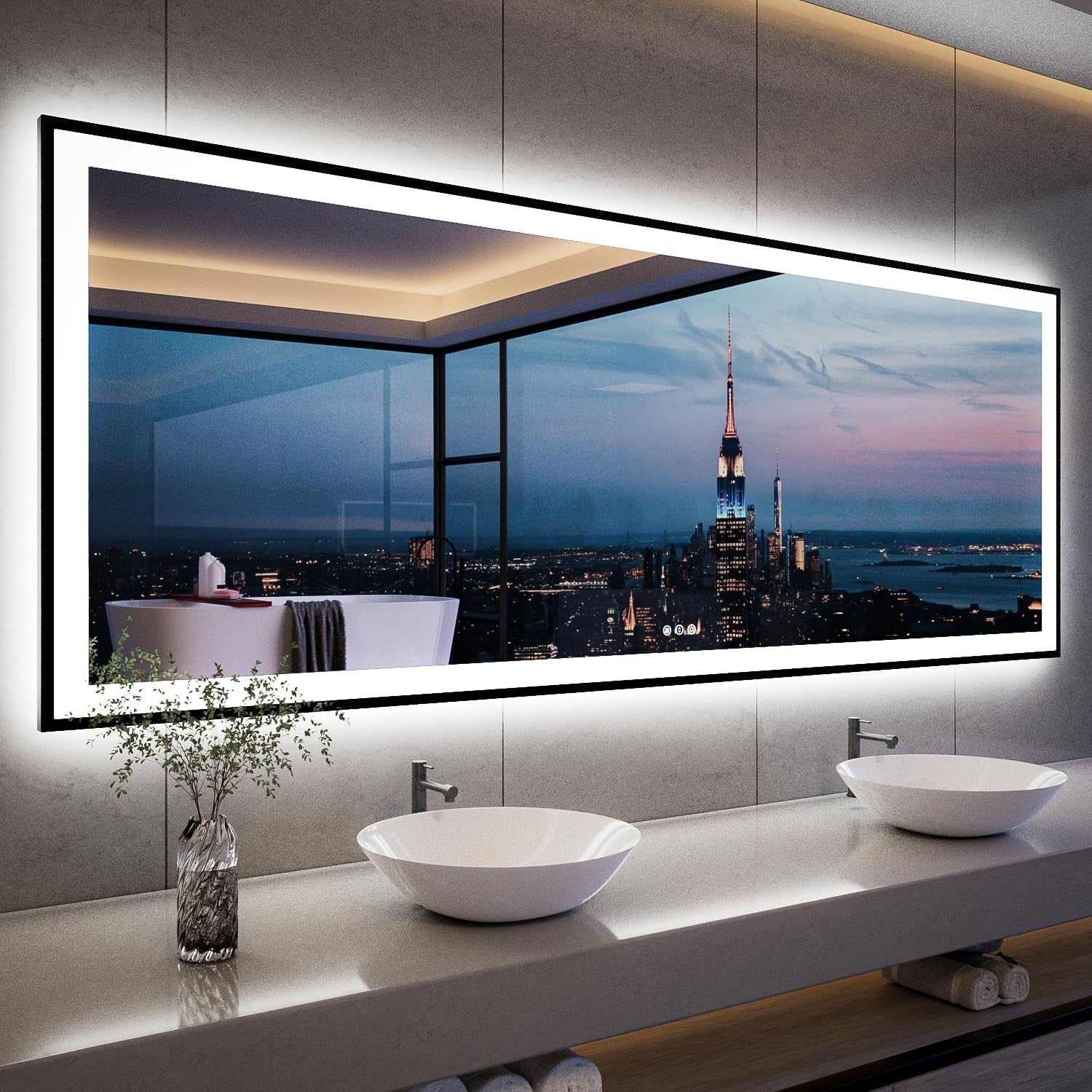 Apmir Metal Black Frame Back & Front LED Lighted Bathroom Vanity Mirror with Anti-Fog Tempered Glass