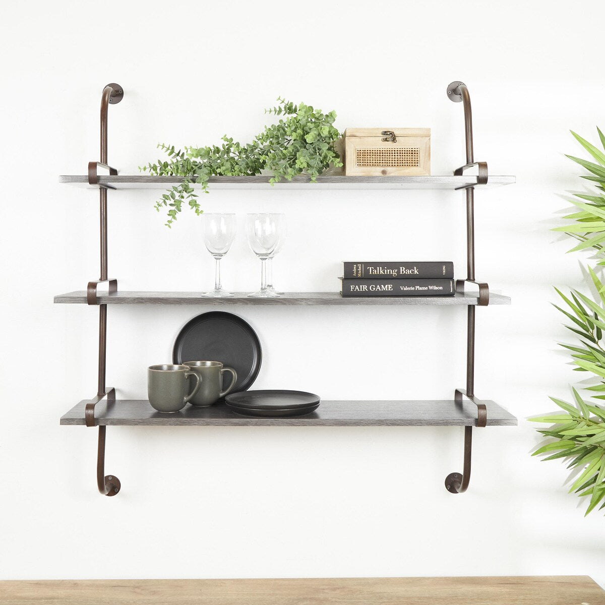 Wood 2 or 3 Level Wall Shelf with Black Metal Brackets - Brown or Gray - Roche River Decor