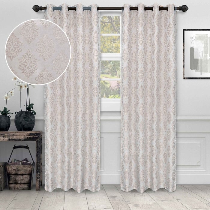 Superior Venetian Damask Jacquard Embroidered Washable Curtains, Set of 2