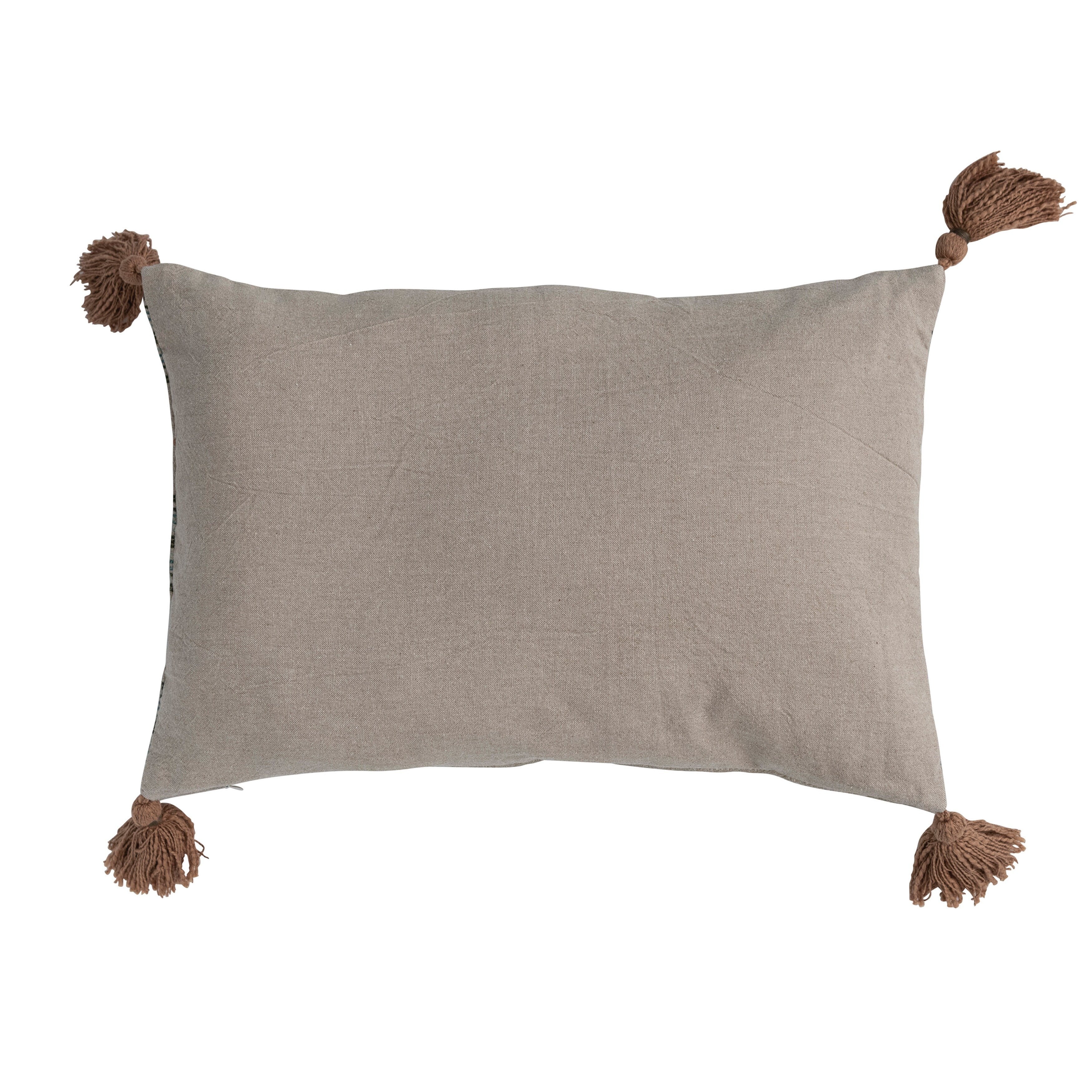 Cotton Slub Lumbar Pillow with Hand-Embroidered Stripes