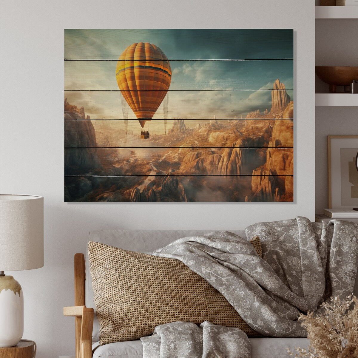 Designart Yellow Hot Air Ballon Panoramic I Transportation Print on Natural Pine Wood