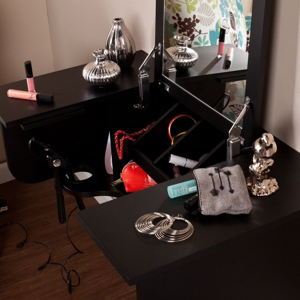 SEI Furniture Black Wall Mounted ledge with Vanity Mirror