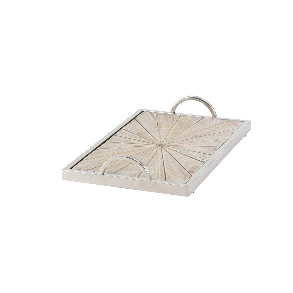 Set of 2 Contemporary Pine Wood and Stainless Steel Burst Trays