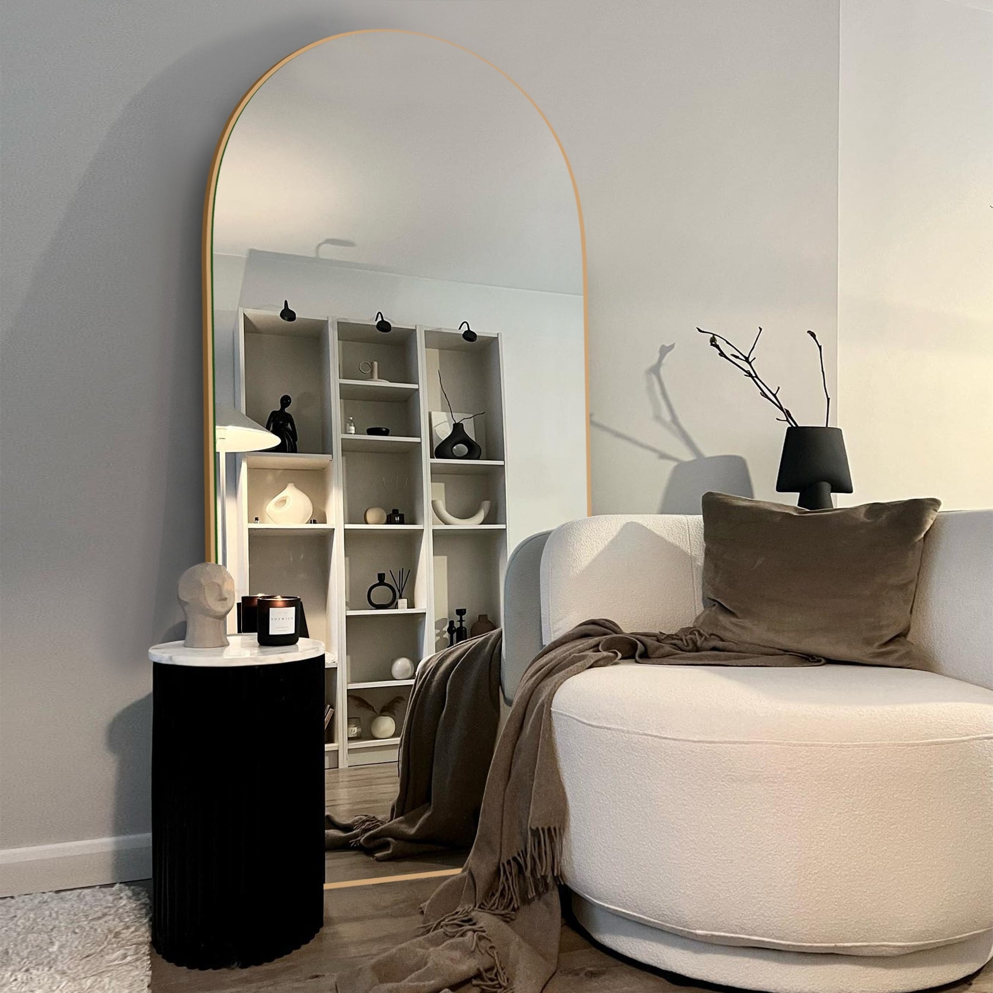 Modern Arched Full-Length Wood Floor Standing Mirror