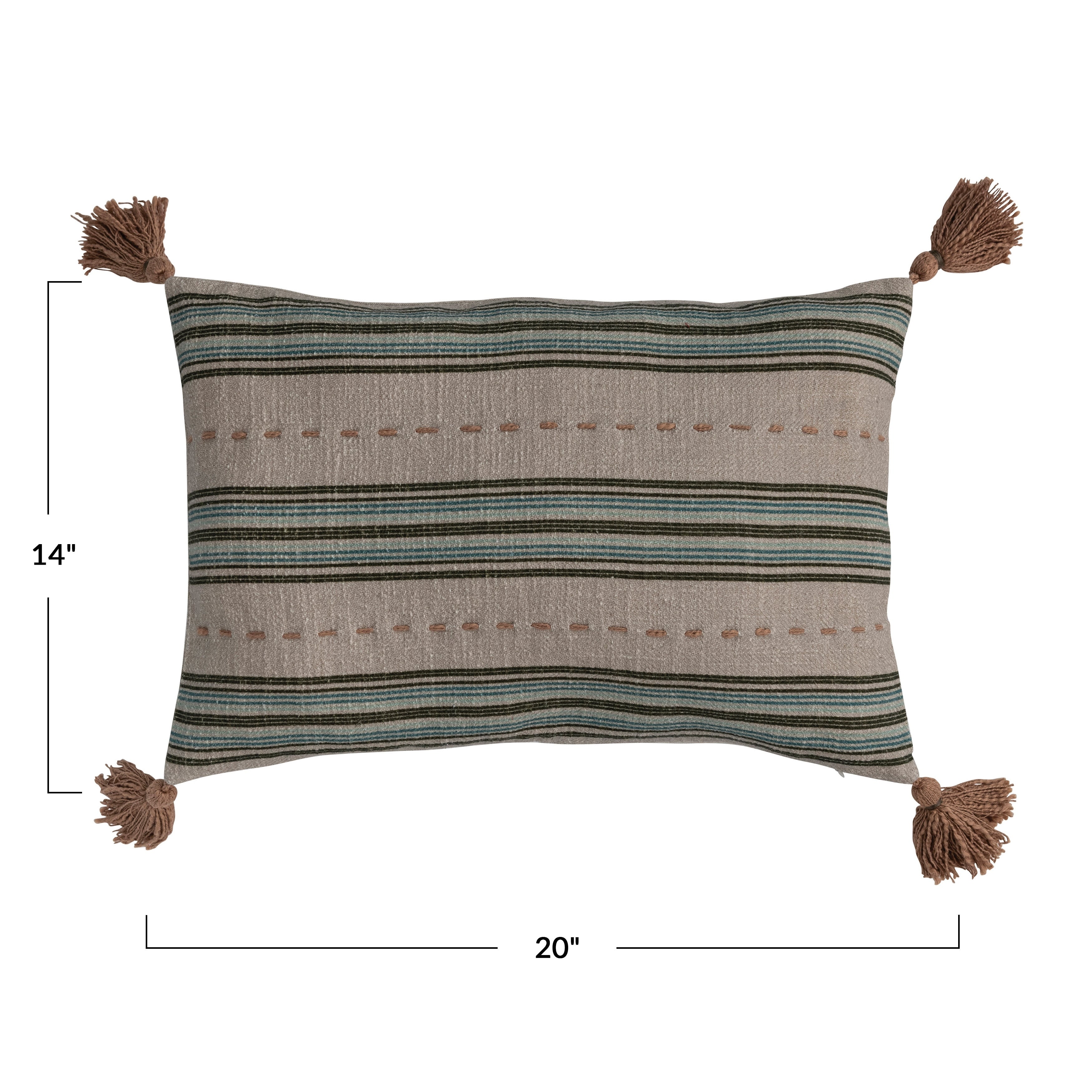 Cotton Slub Lumbar Pillow with Hand-Embroidered Stripes