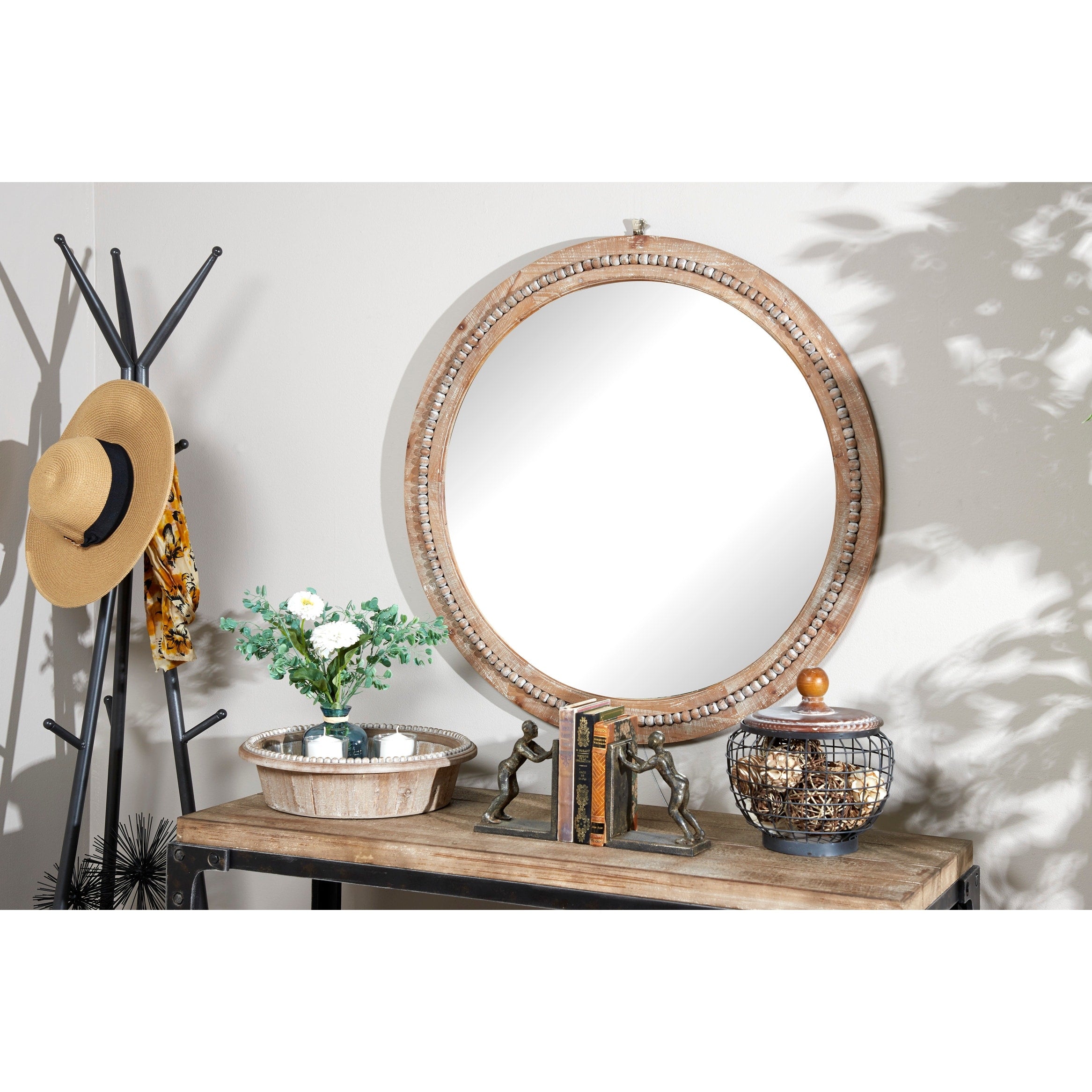 Wood Distressed Wall Mirror with Beaded Detailing - Light Brown or Brown - Roche River Decor