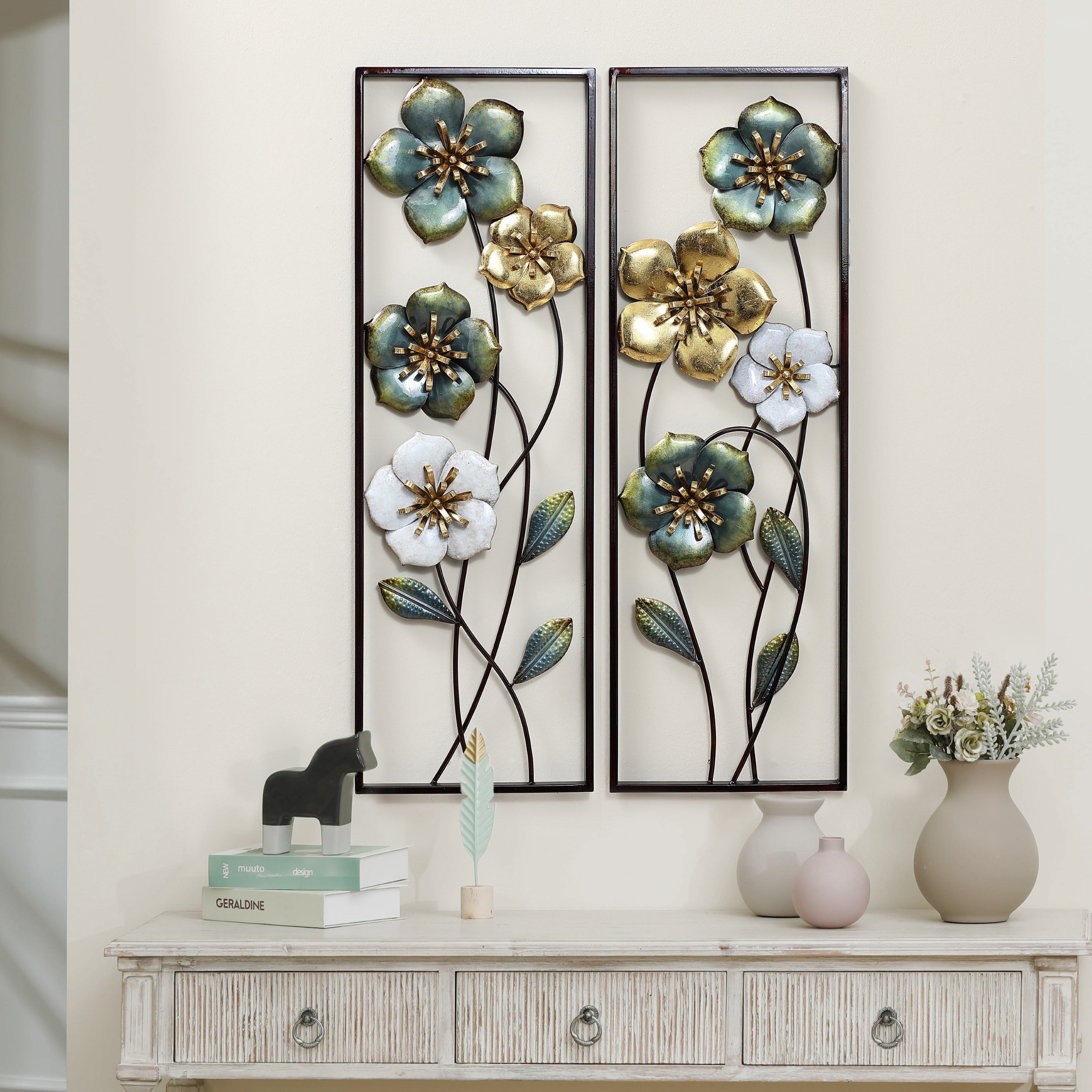 Metal Green, White, and Gold Wild Flowers Wall Decor (Set of 2)