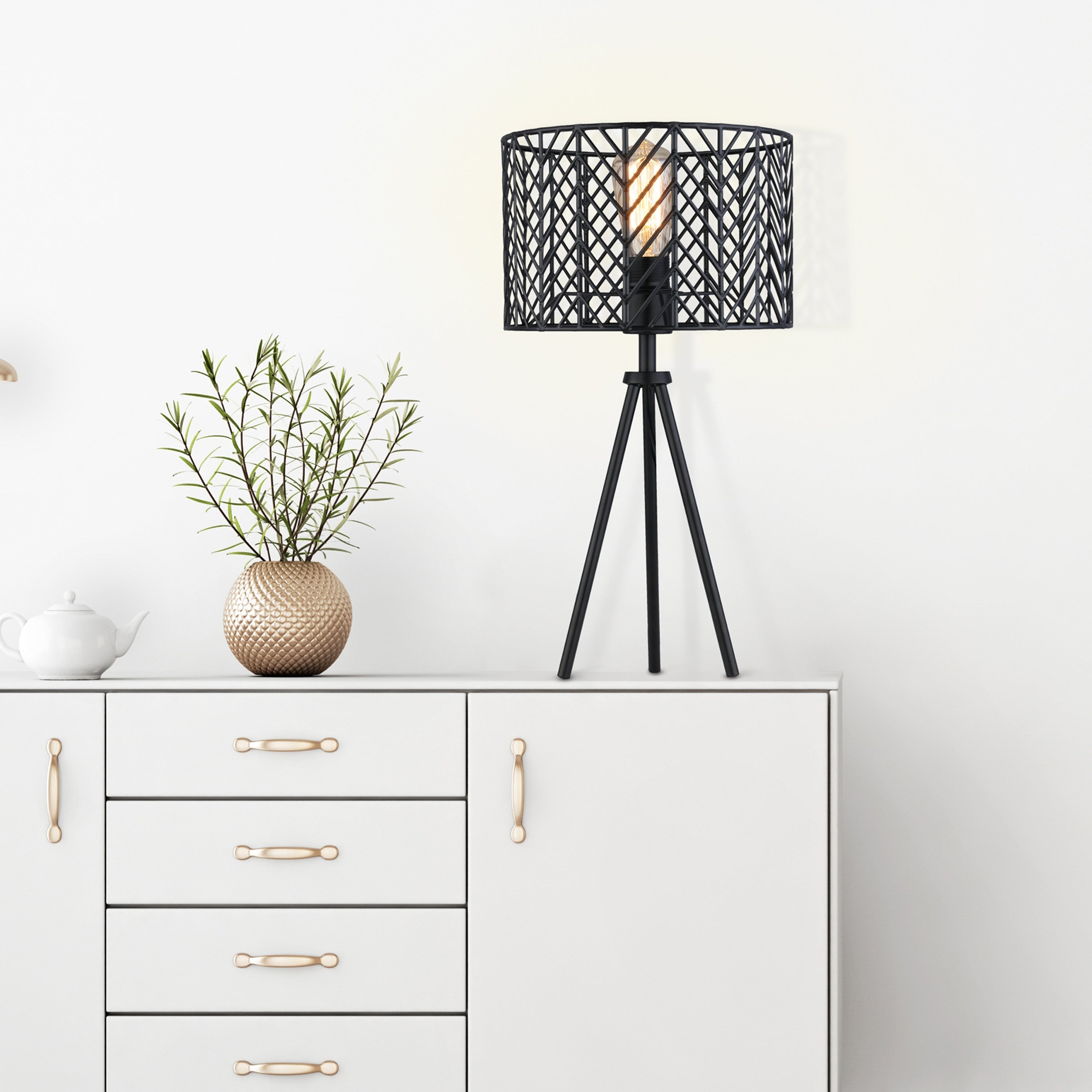 Roisin River of Goods Black Metal Cage-Shade 18.5-Inch Tripod-Base Accent Lamp - 10.125 x 10.125 x 18.5