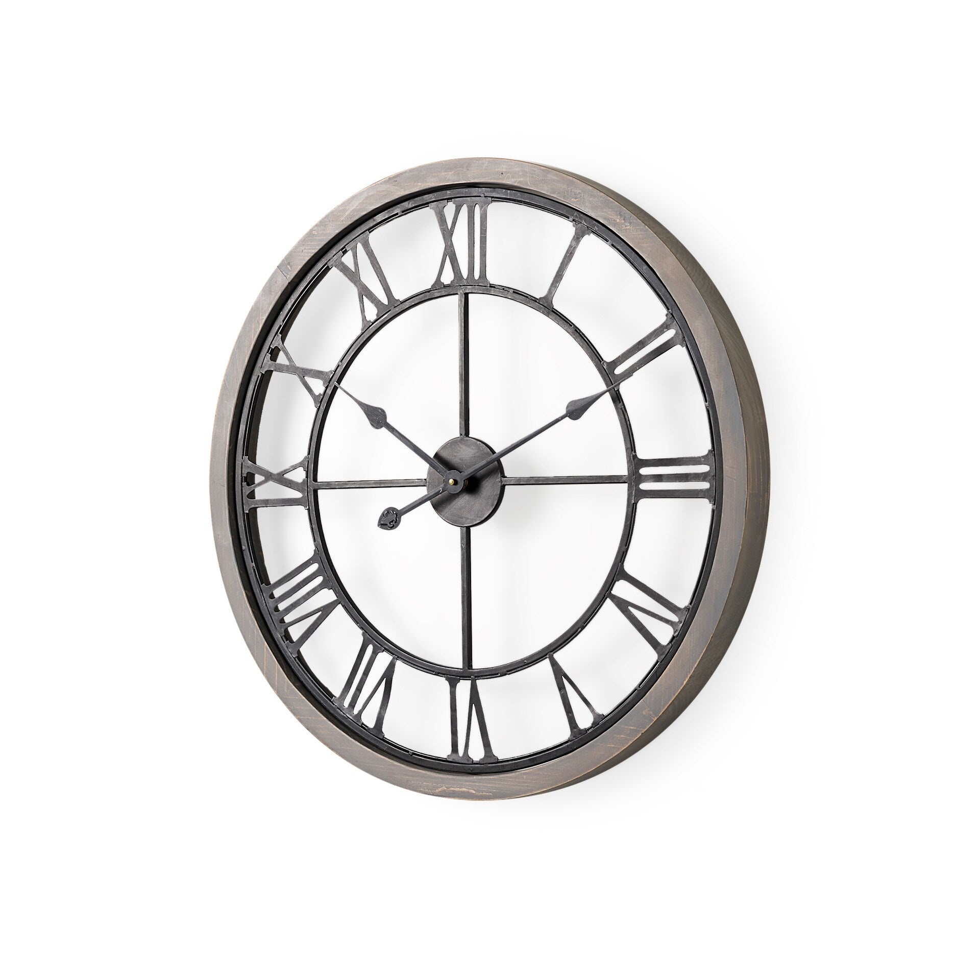 Mething Gray Wood and Black Metal 25 Round Wall Clock - 24.8W x 2D x 25H