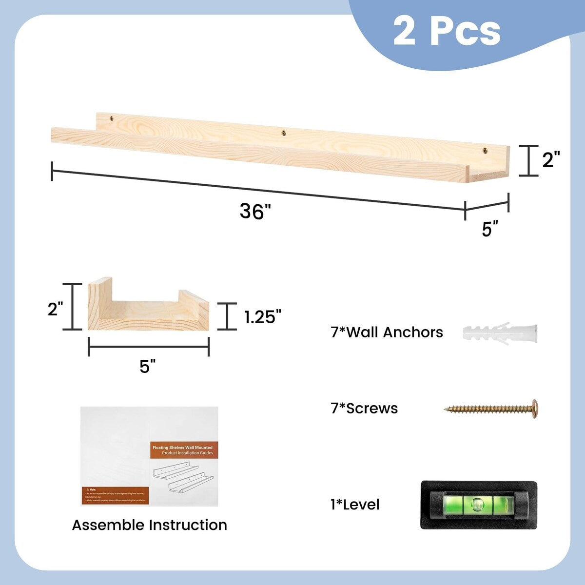 Solid Pine Wood Floating Ledge Shelves 2 Packs for Wall