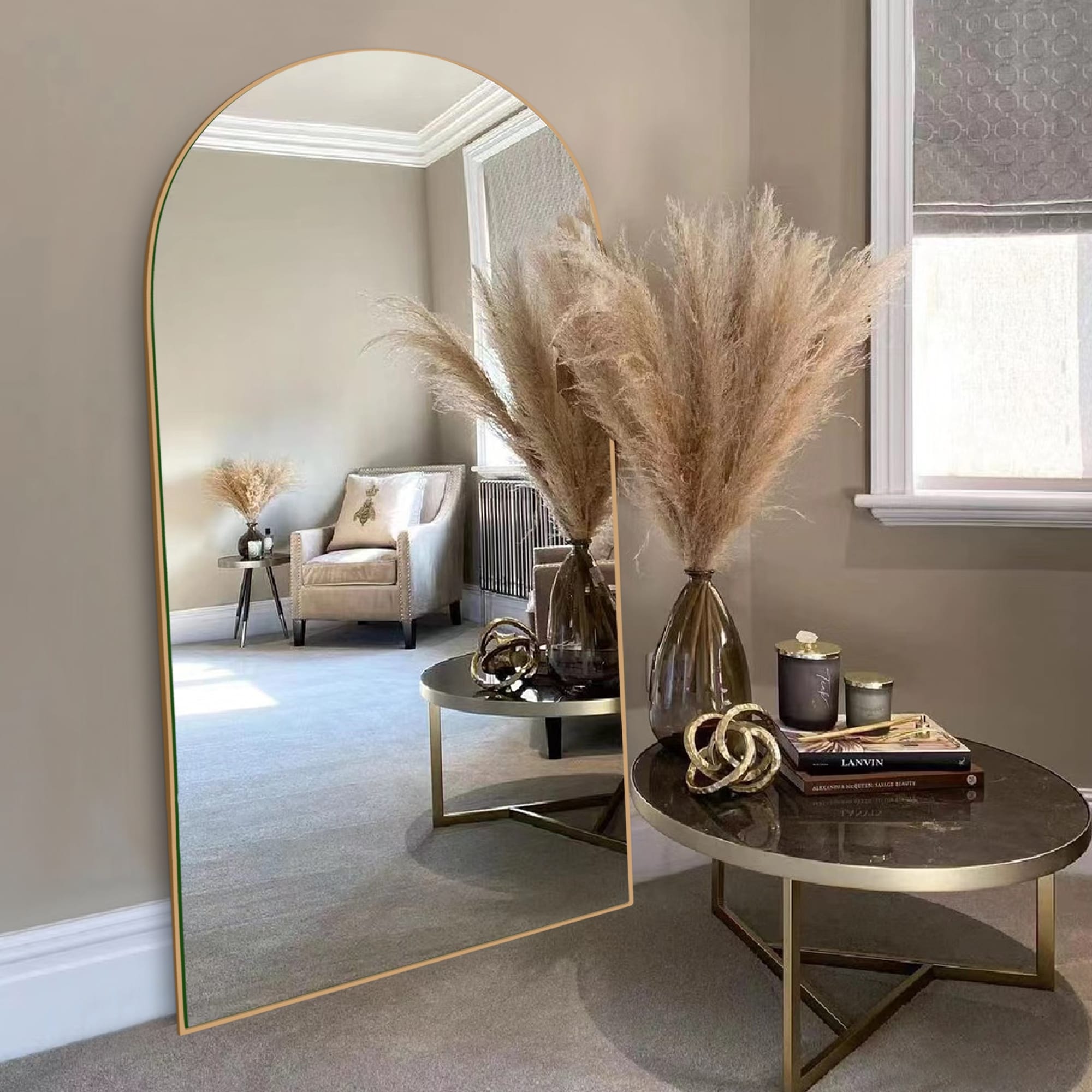 Modern Arched Full-Length Wood Floor Standing Mirror