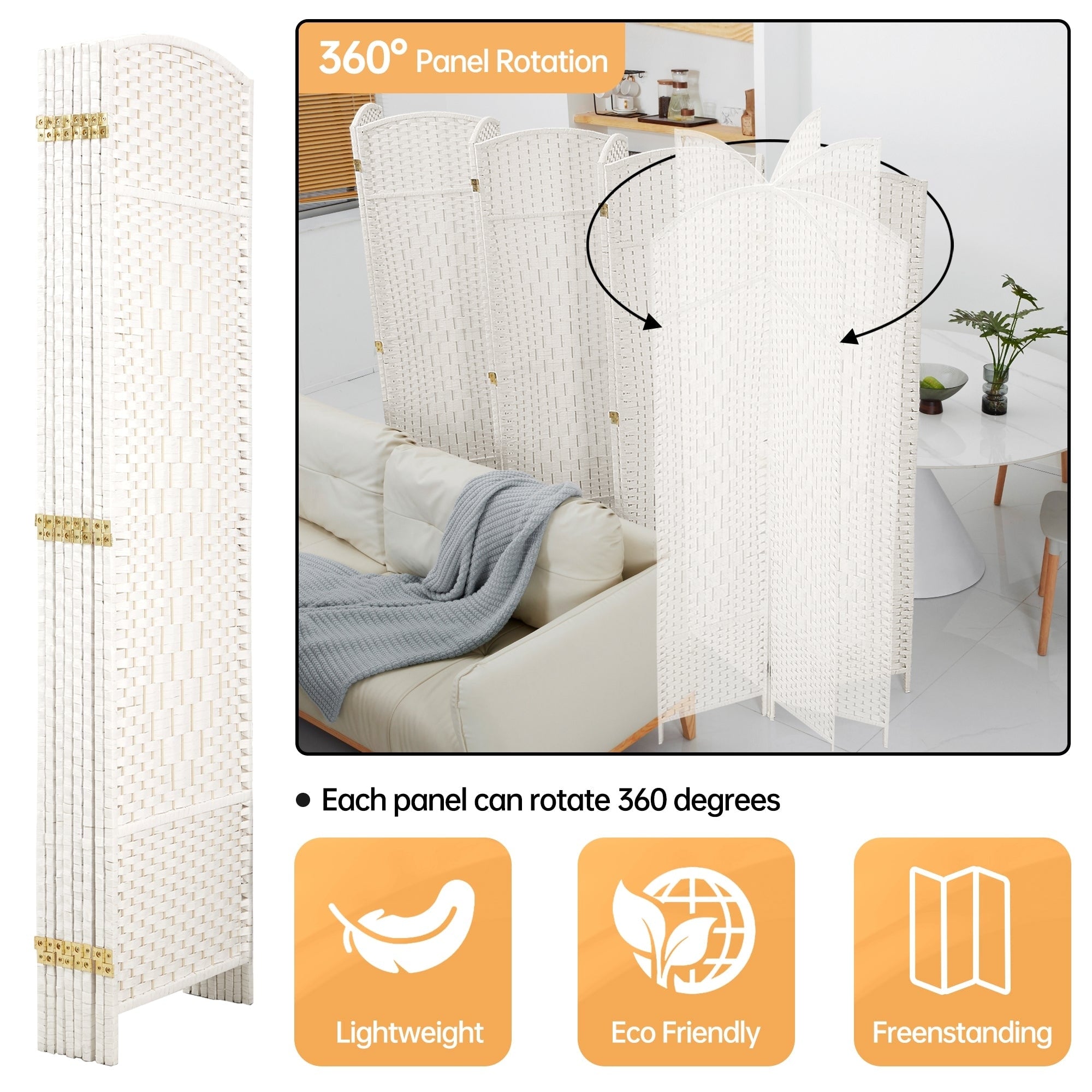 Room Divider 6 FT Tall Weave Fiber Freestanding Privacy Screen Folding Screen