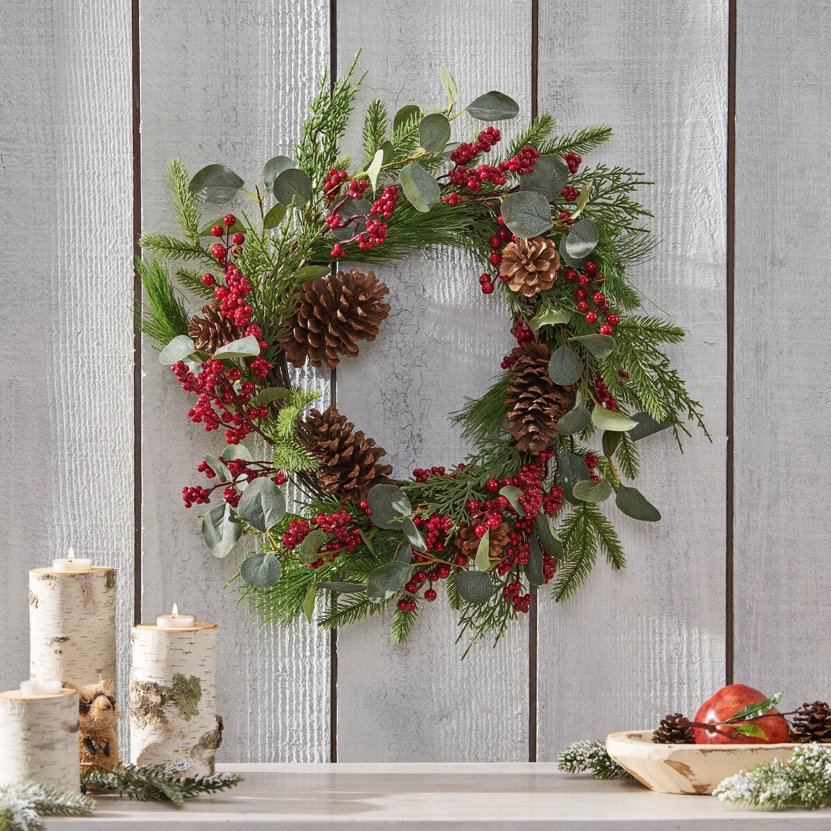 22 Berry/Eucalyptus/PineCone Wreath - Green Leaves