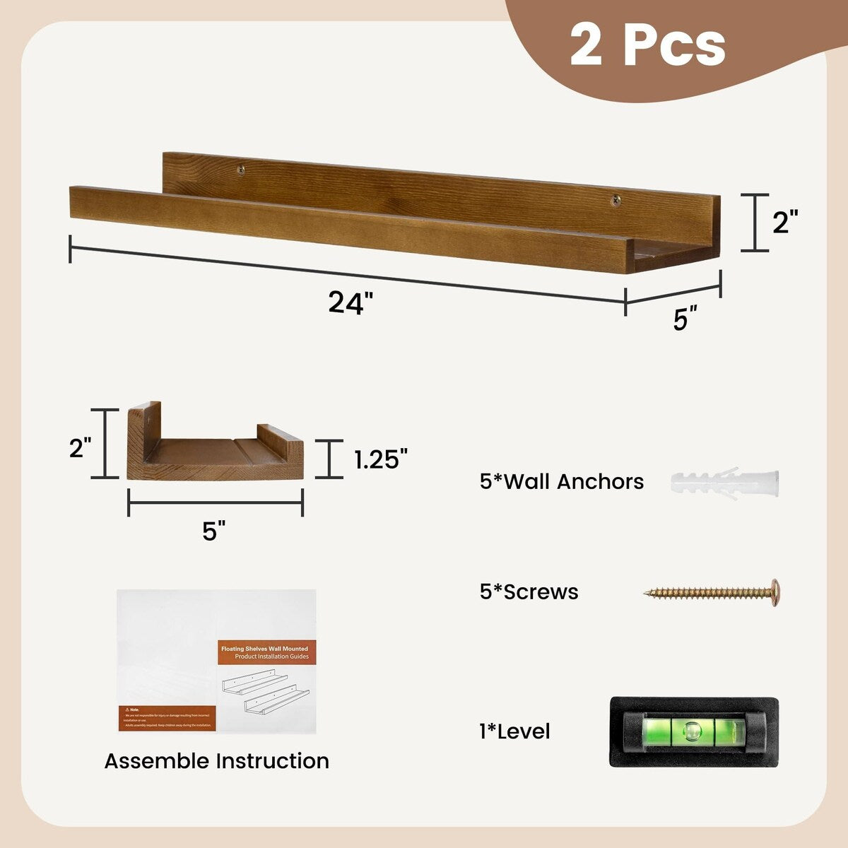 Solid Pine Wood Floating Ledge Shelves 2 Packs for Wall