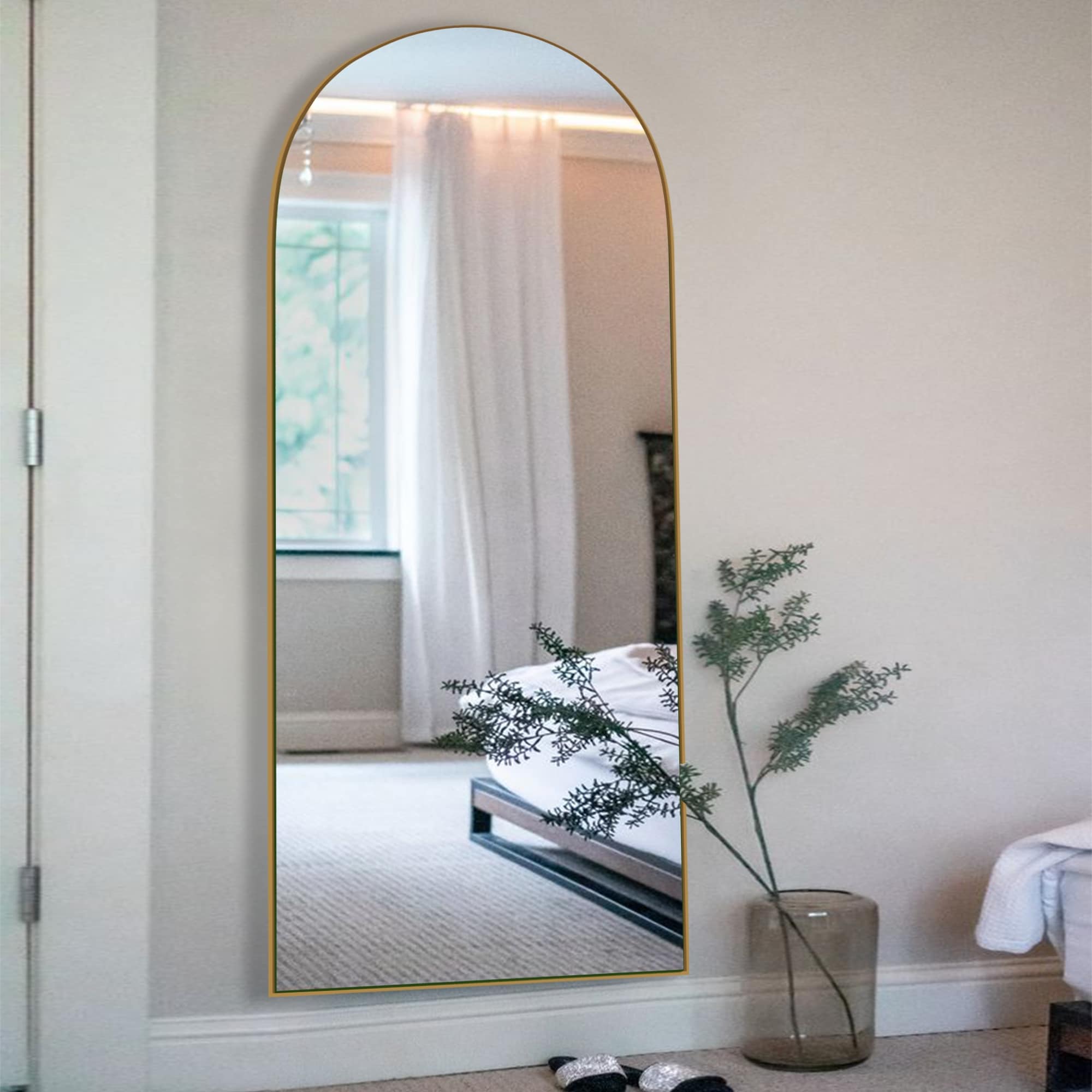 Modern Arched Full-Length Wood Floor Standing Mirror