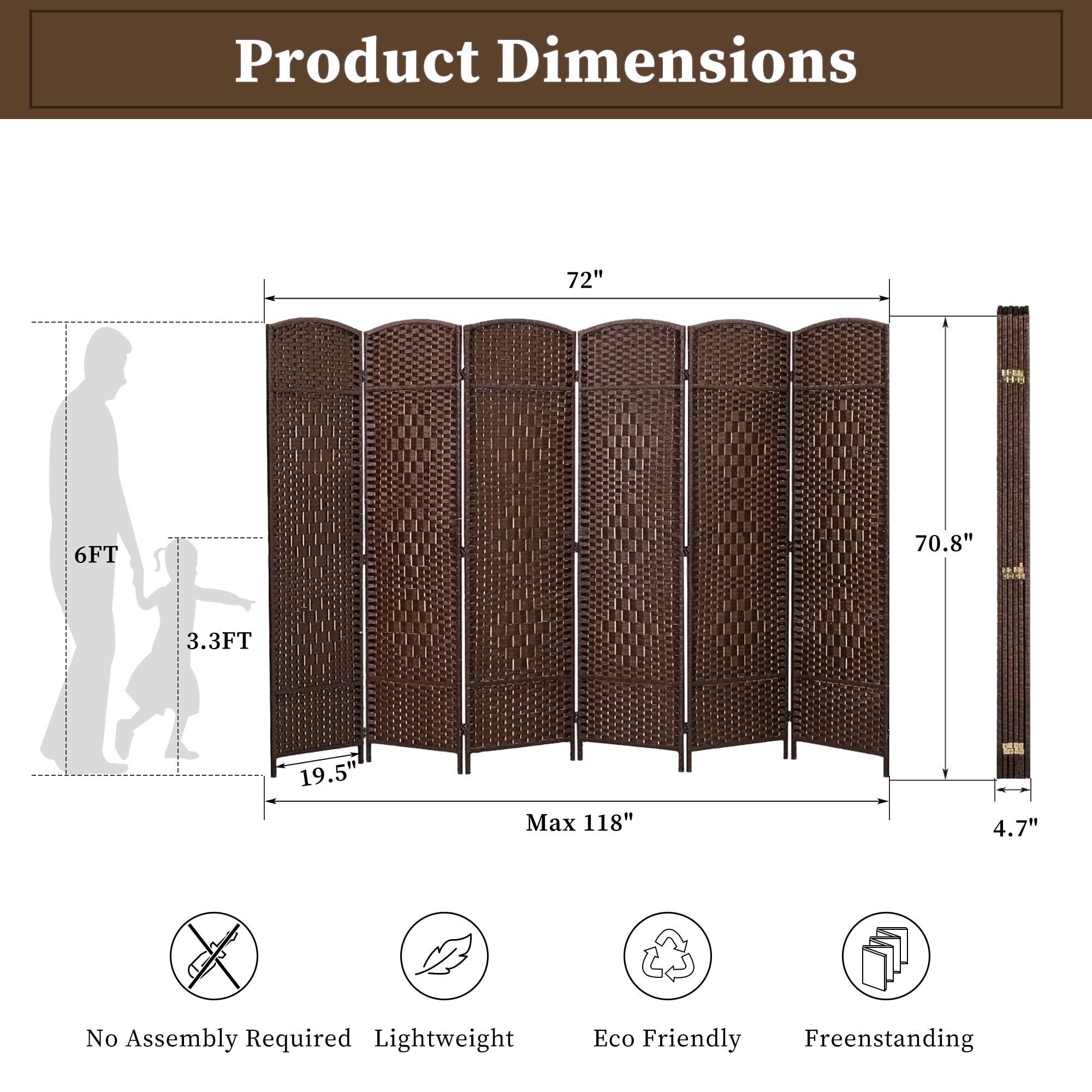 Room Divider 6 FT Tall Weave Fiber Freestanding Privacy Screen Folding Screen