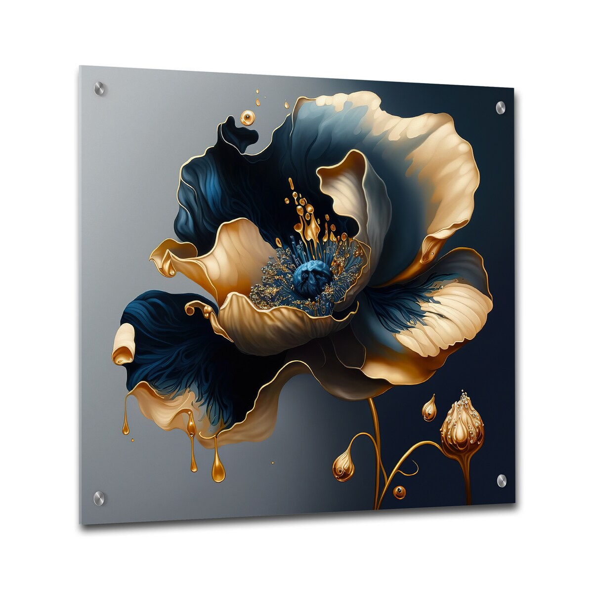 Designart Deep Blue And Gold Single Flower II Floral Gloss Wall Decor Blue - Traditional Acrylic Wall Art Decor