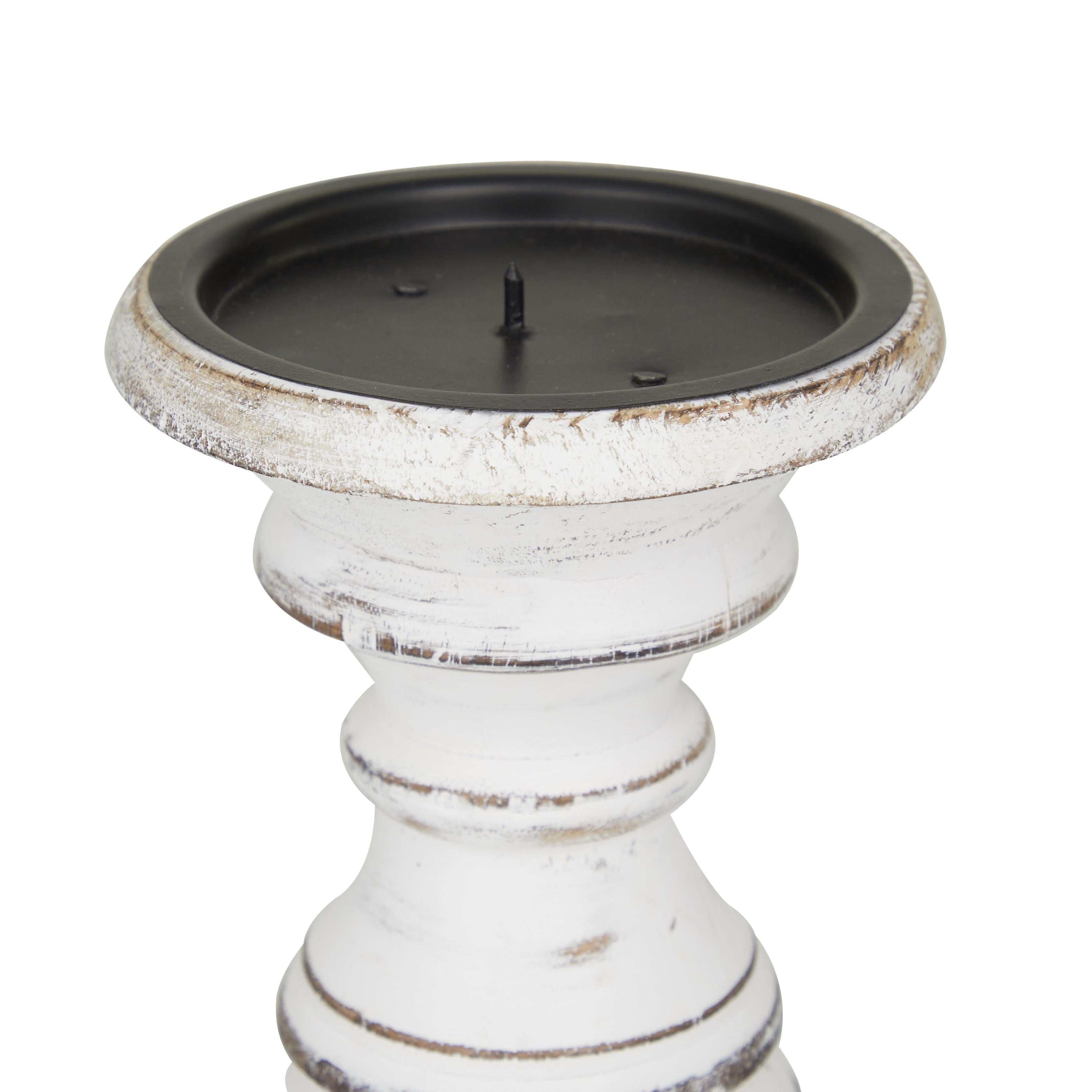 Mango Wood Turned Style Pillar Candle Holder (Set of 3) - White, Brown, Gold, Black, Light Blue, Cream, Silver