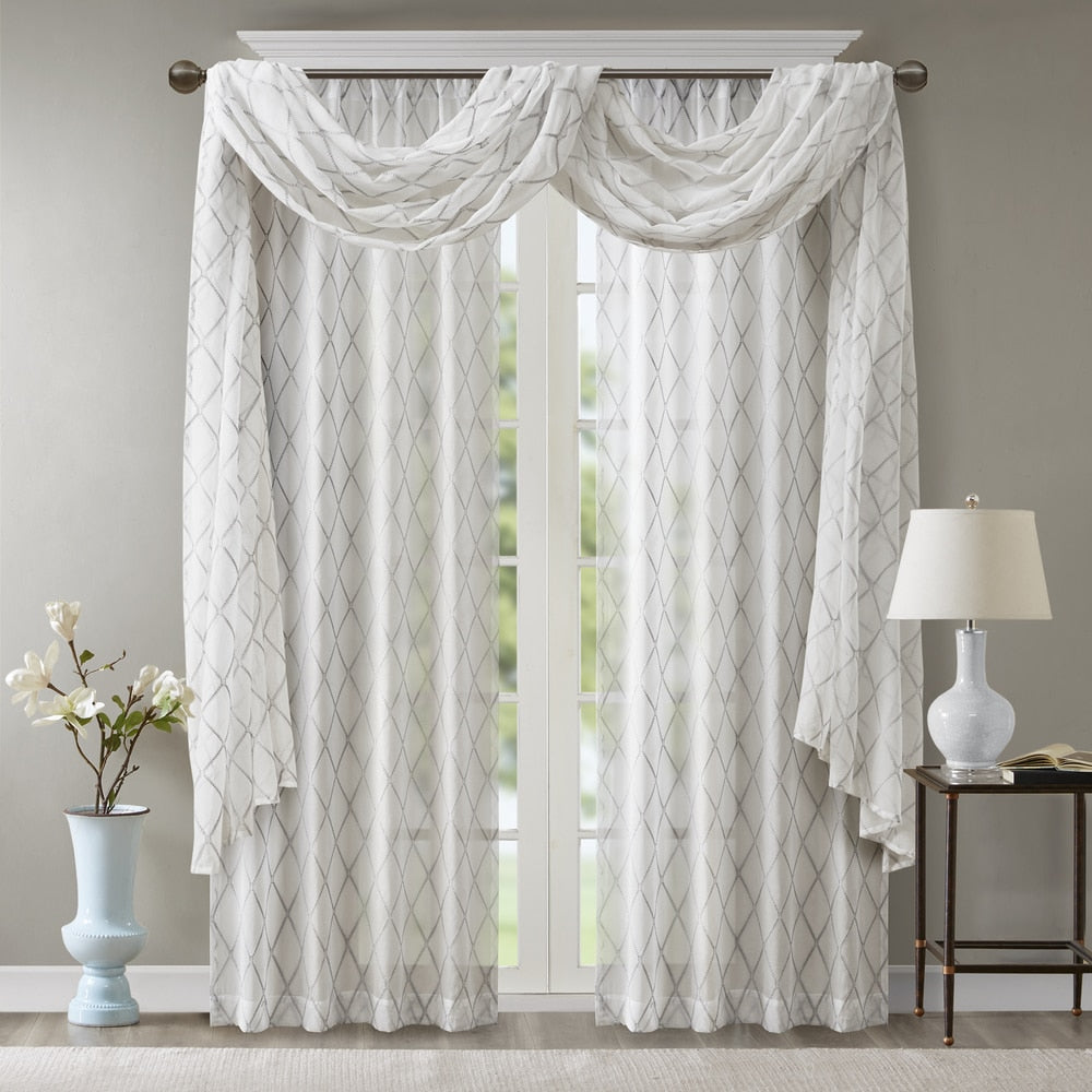 Madison Park Iris Diamond Sheer Embroidered Window Curtain Scarf