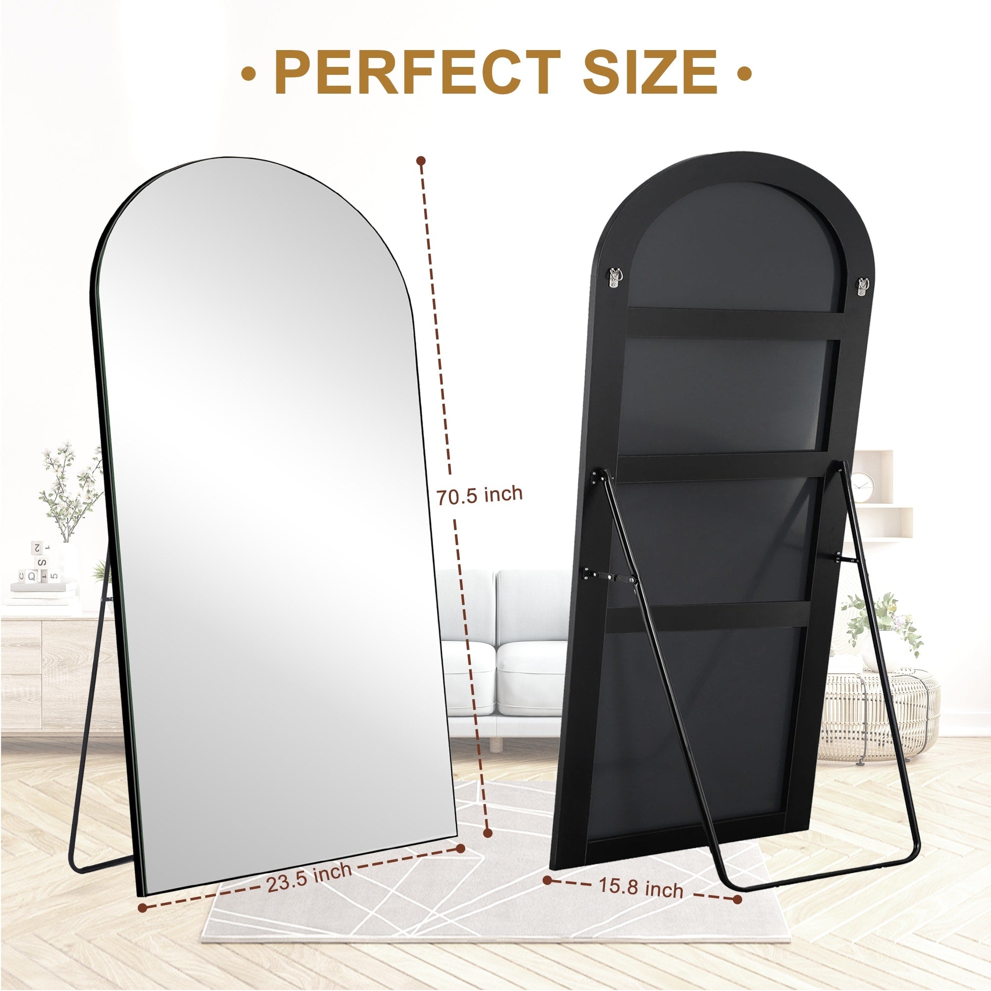 Modern Arched Full-Length Wood Floor Standing Mirror