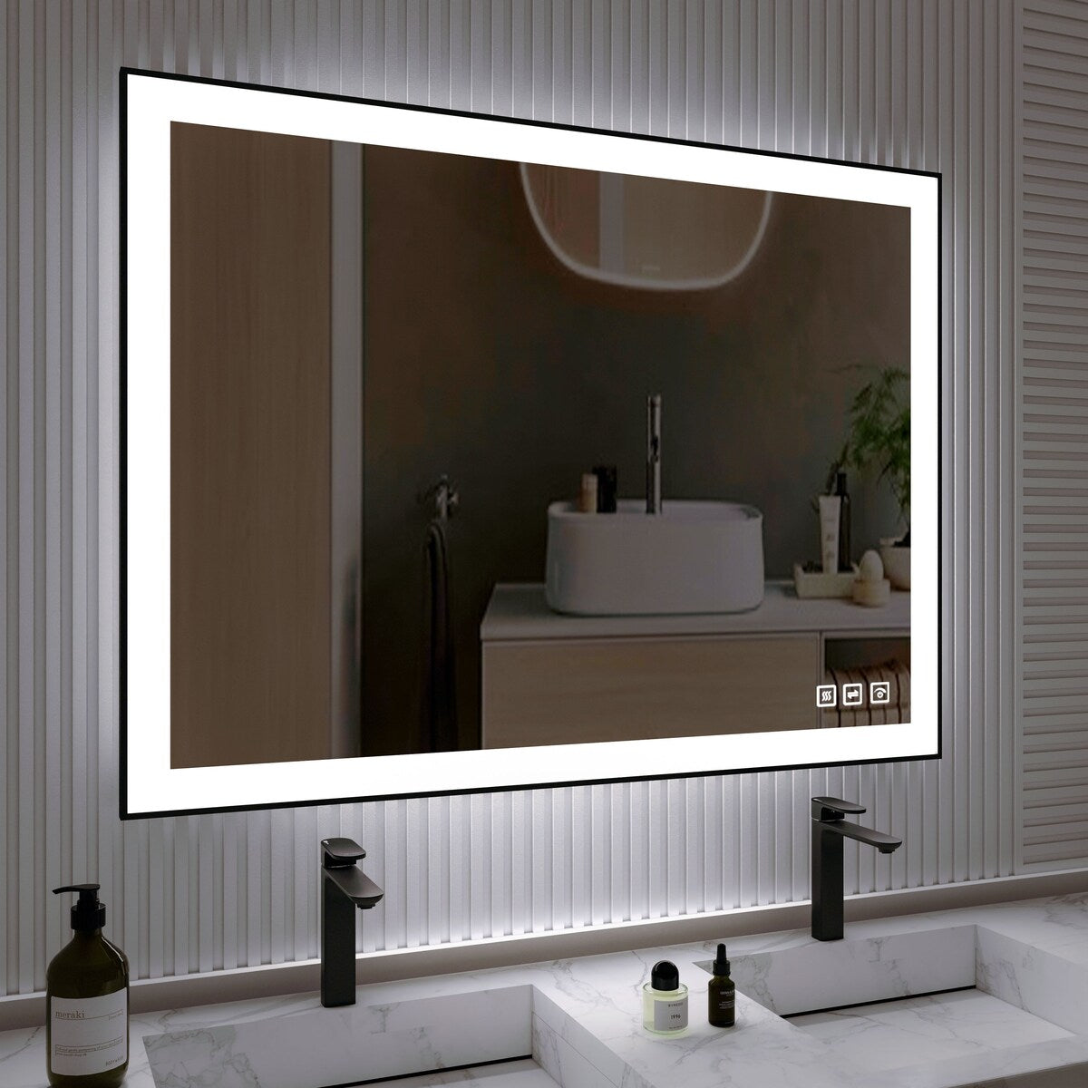 Organnice Rectangular Framed LED Anti-Fog Bathroom Wall Mirror in Black with Backlit and Front Light