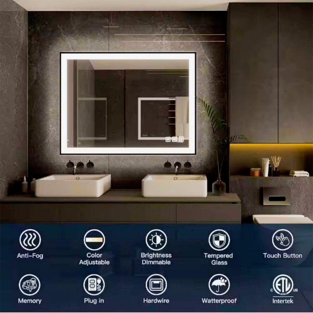 Organnice Rectangular Framed LED Anti-Fog Bathroom Wall Mirror in Black with Backlit and Front Light