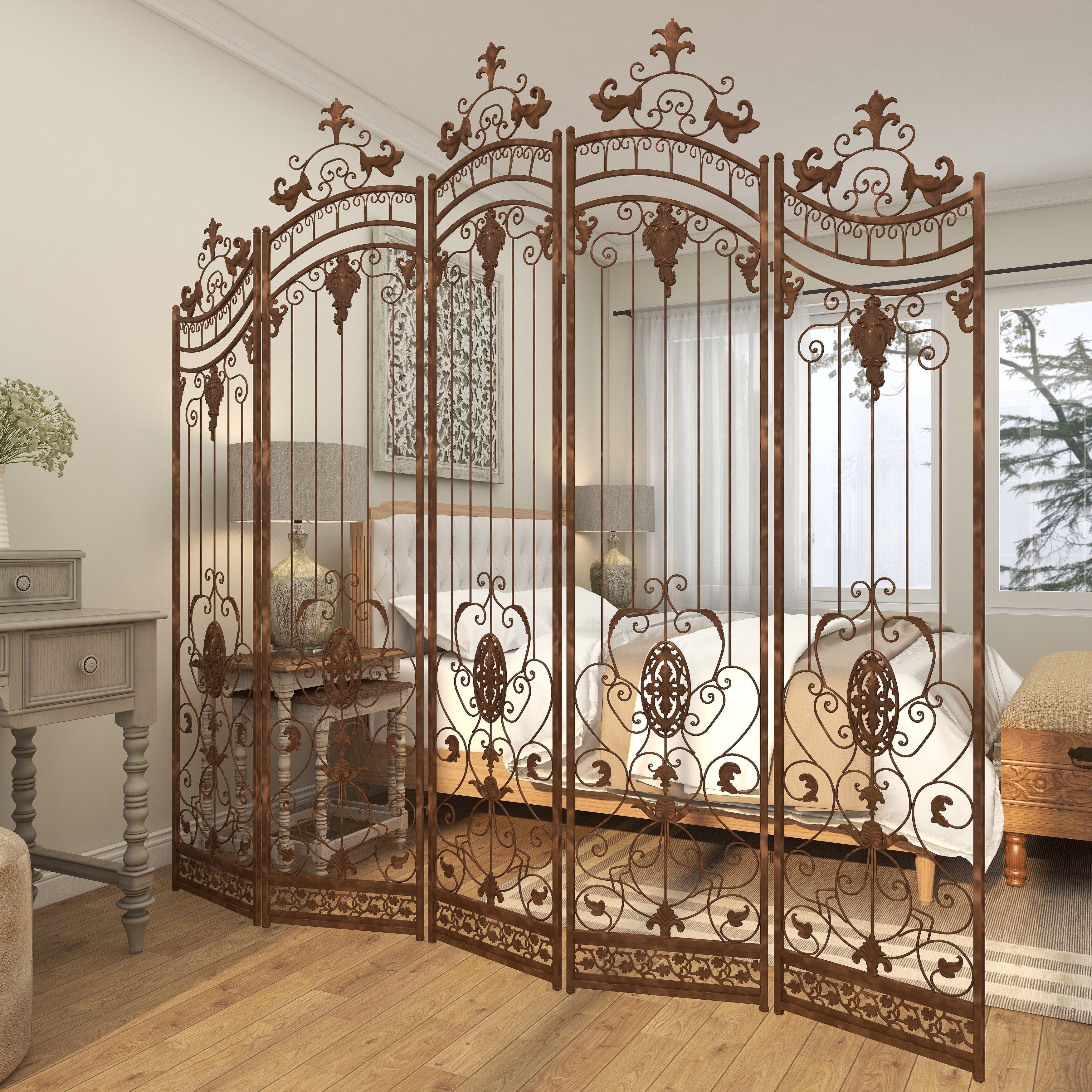 Metal Hinged Foldable Arched Partition 5 Panel Room Divider Screen with Relief Acanthus Design - Bronze - Roche River Decor