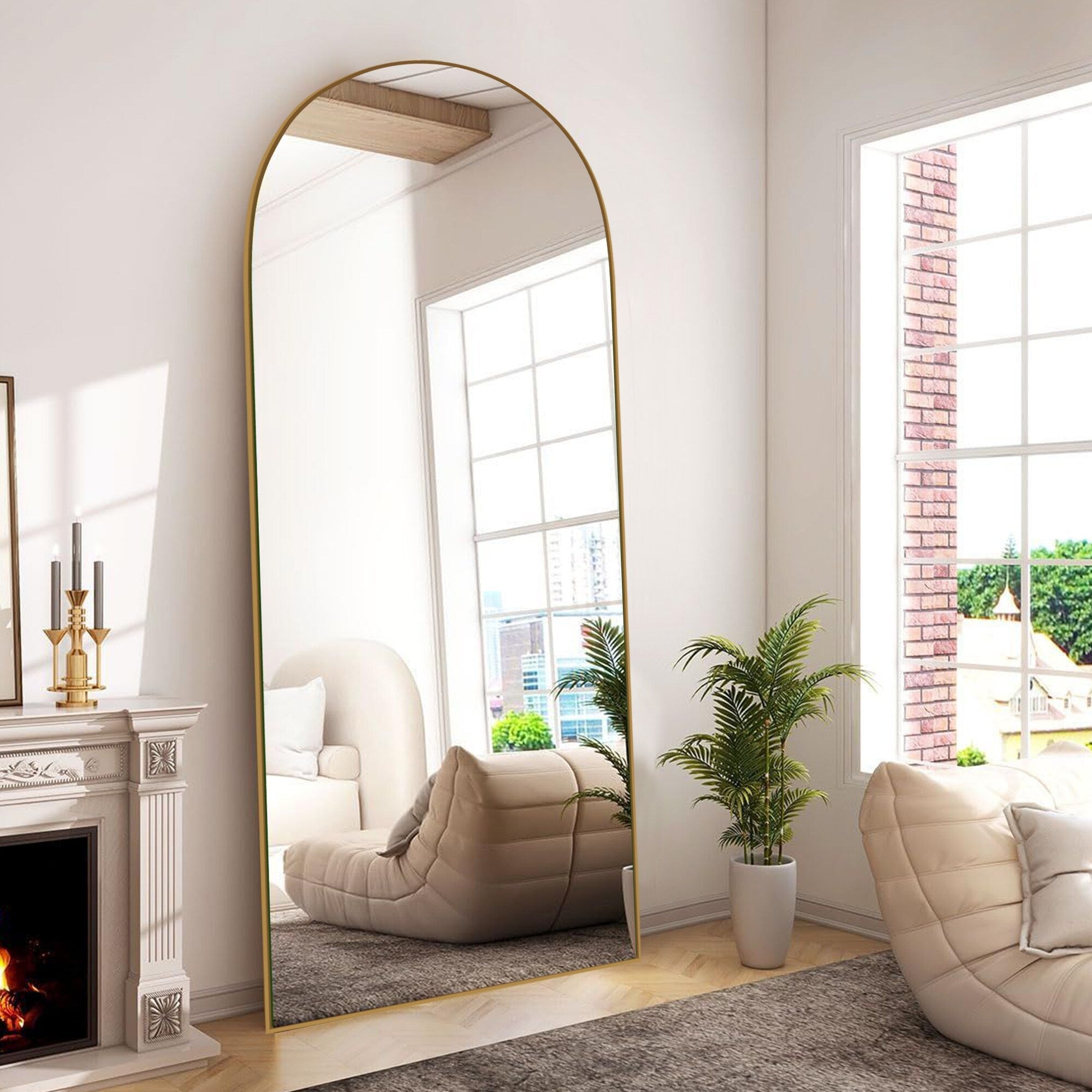 Modern Arched Full-Length Wood Floor Standing Mirror