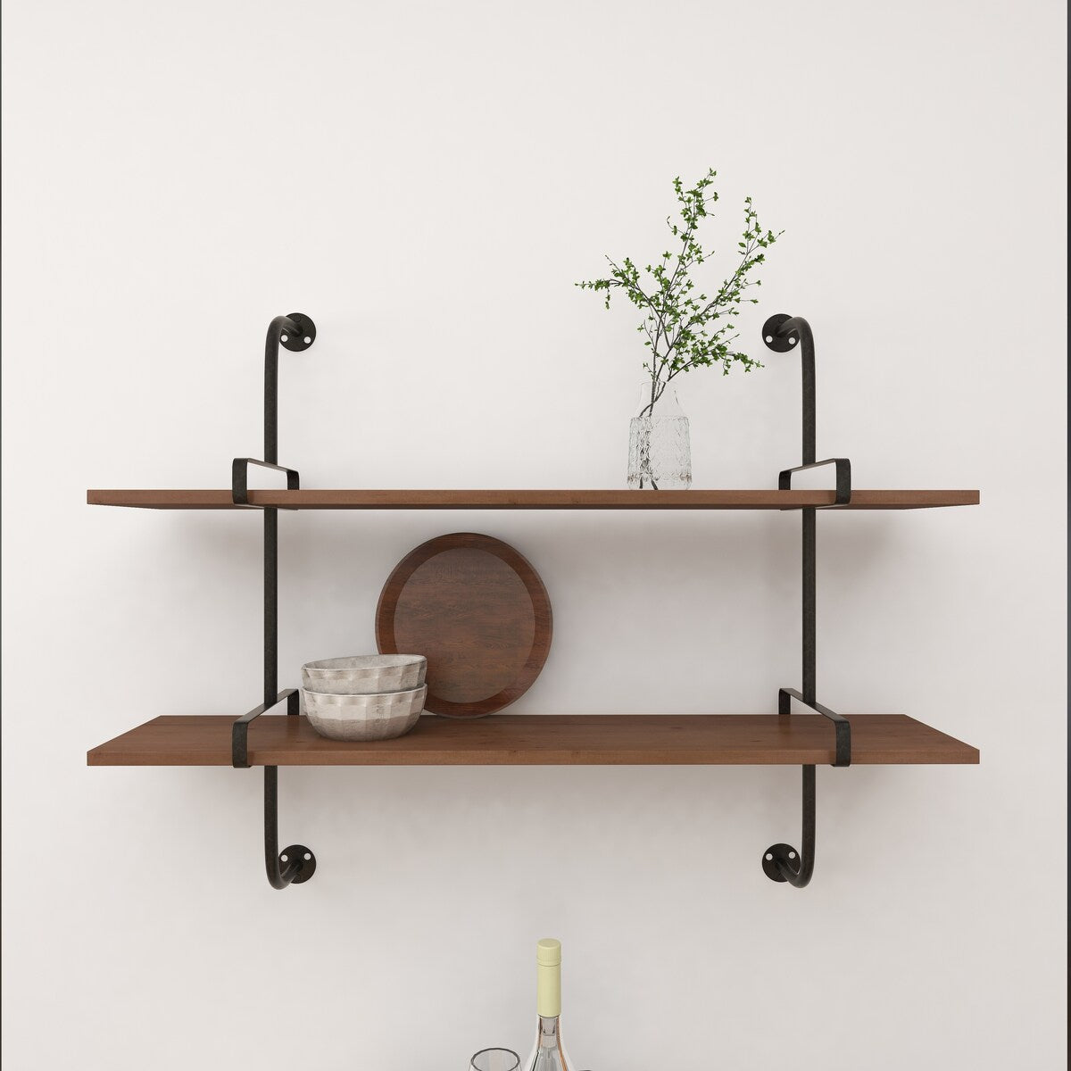 Wood 2 or 3 Level Wall Shelf with Black Metal Brackets - Brown or Gray - Roche River Decor