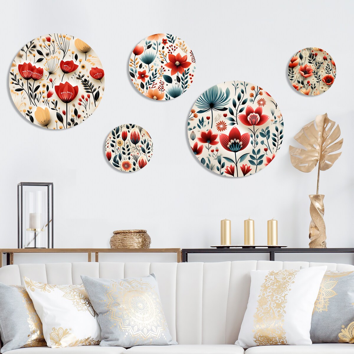 Designart Minimalist Modern Charm Floral Botanics II Floral Wall Art Set of 5 - Cottage Red Living Room Metal Art Set