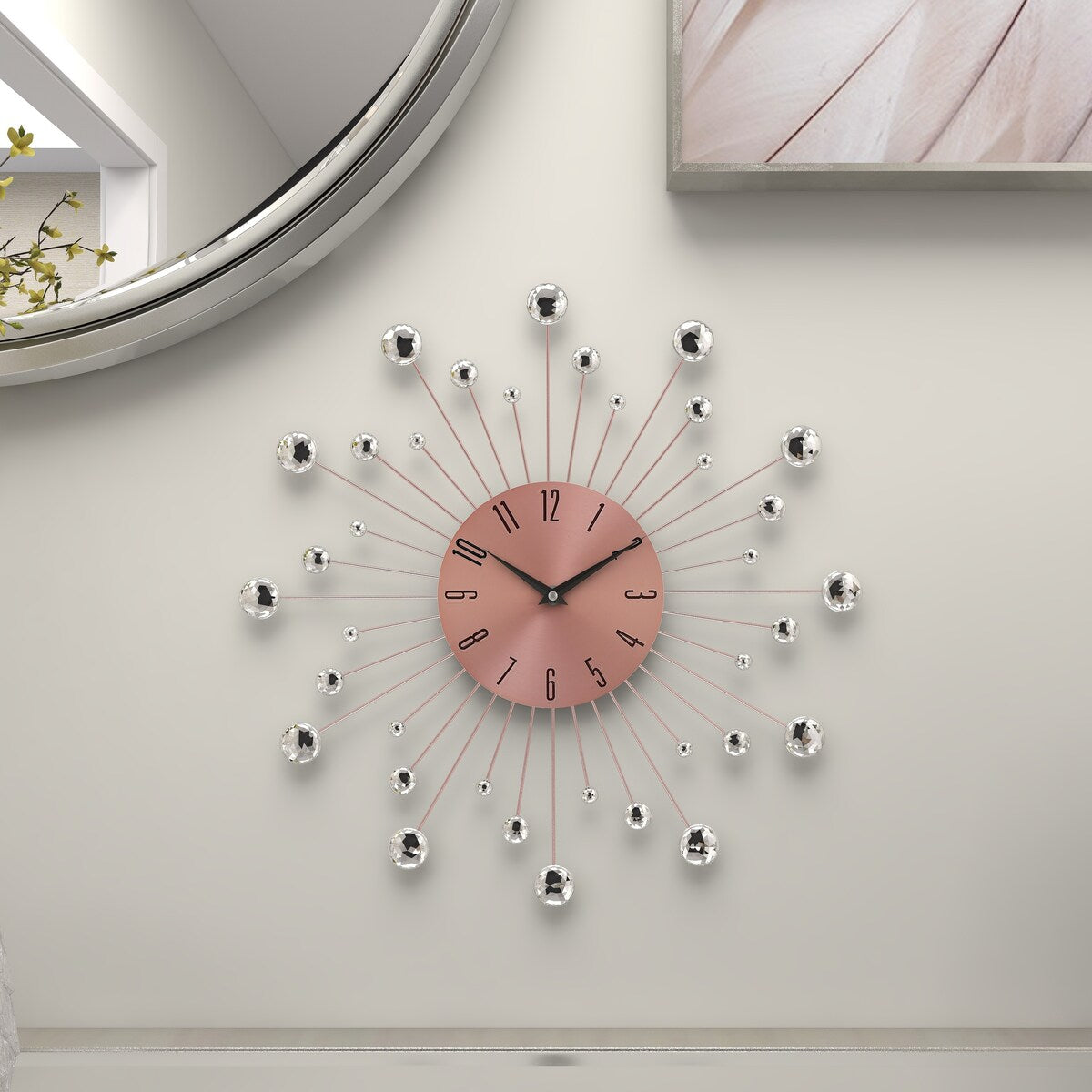 Metal Starburst Decorative Wall Clock with Crystal Accents - Gold, Brown, Silver, Copper - Roche River Decor