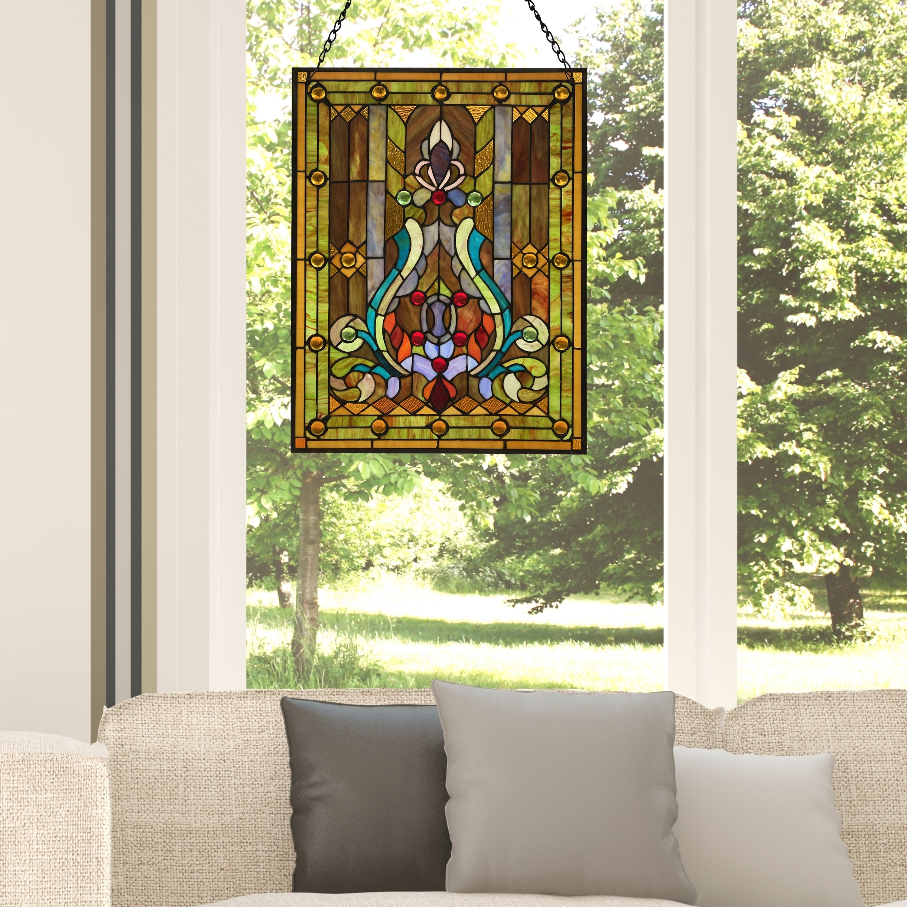 River of Goods Multicolor Stained Glass 24.75-inch High Fleur de Lis Window Panel - 18.875L x 0.25W x 24.75H