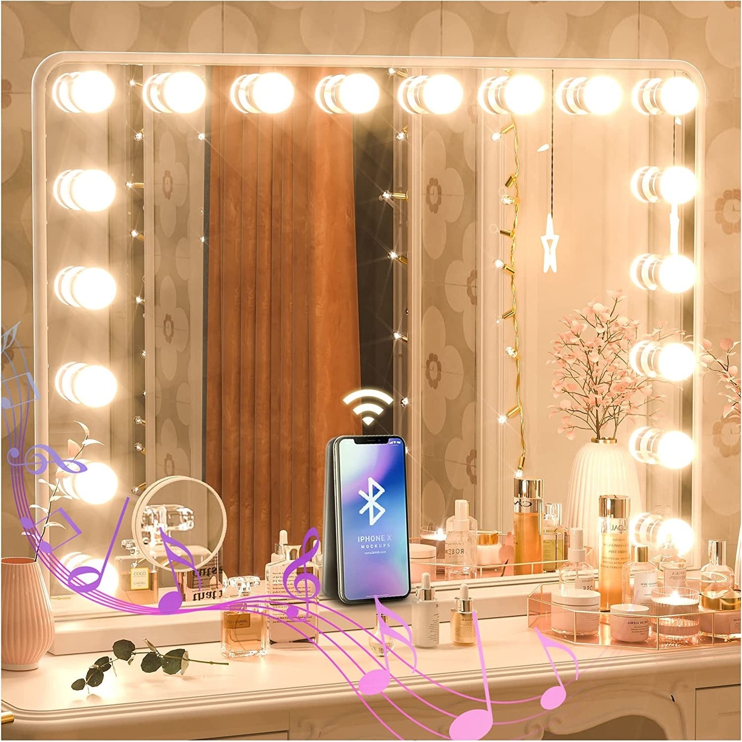 KEONJINN Hollywood Vanity Mirror with 15/18 LEDs Lights and Bluetooth Speakers