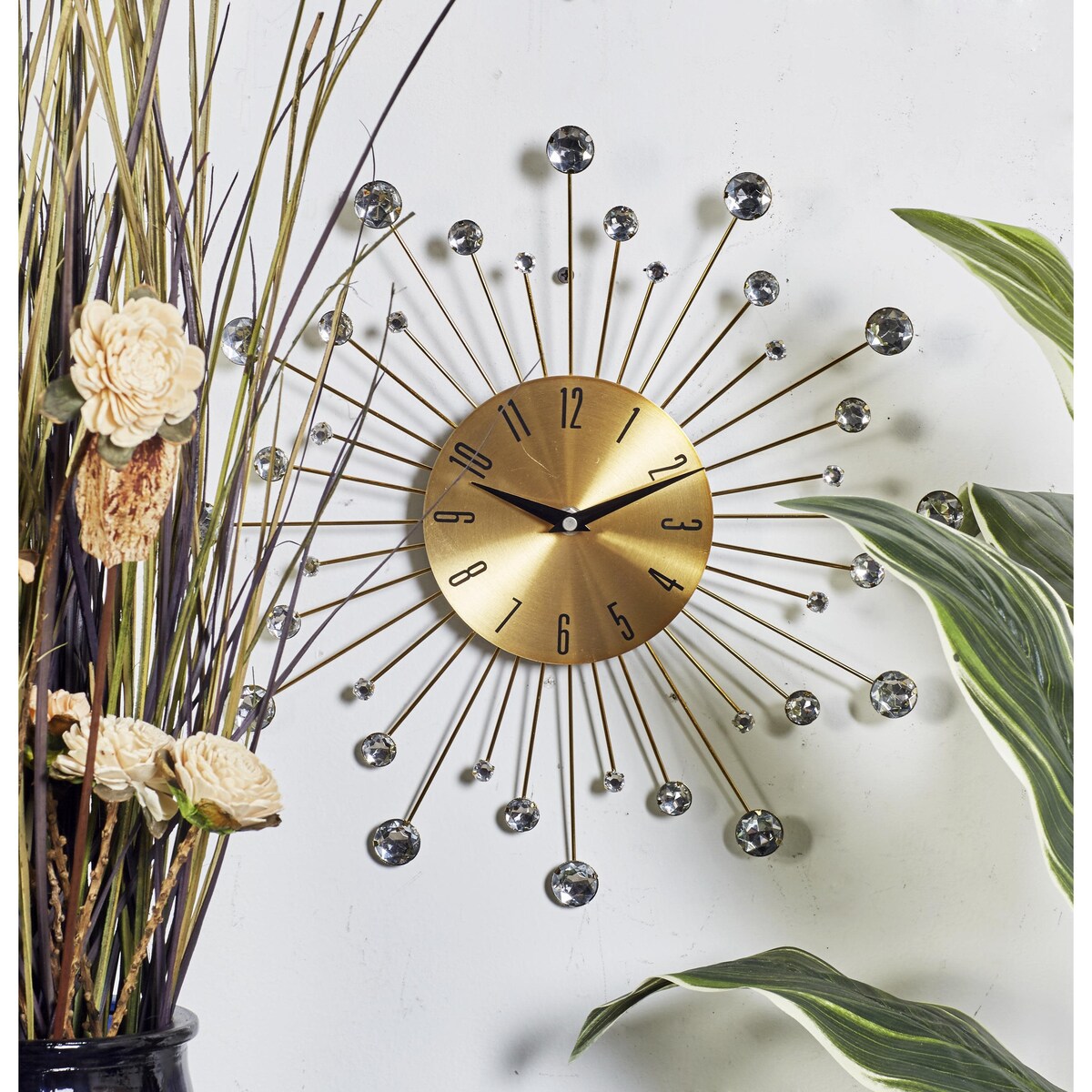 Metal Starburst Decorative Wall Clock with Crystal Accents - Gold, Brown, Silver, Copper - Roche River Decor