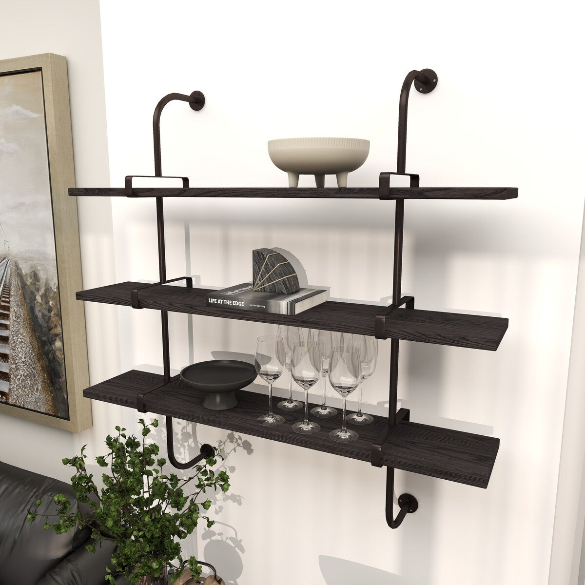 Wood 2 or 3 Level Wall Shelf with Black Metal Brackets - Brown or Gray - Roche River Decor