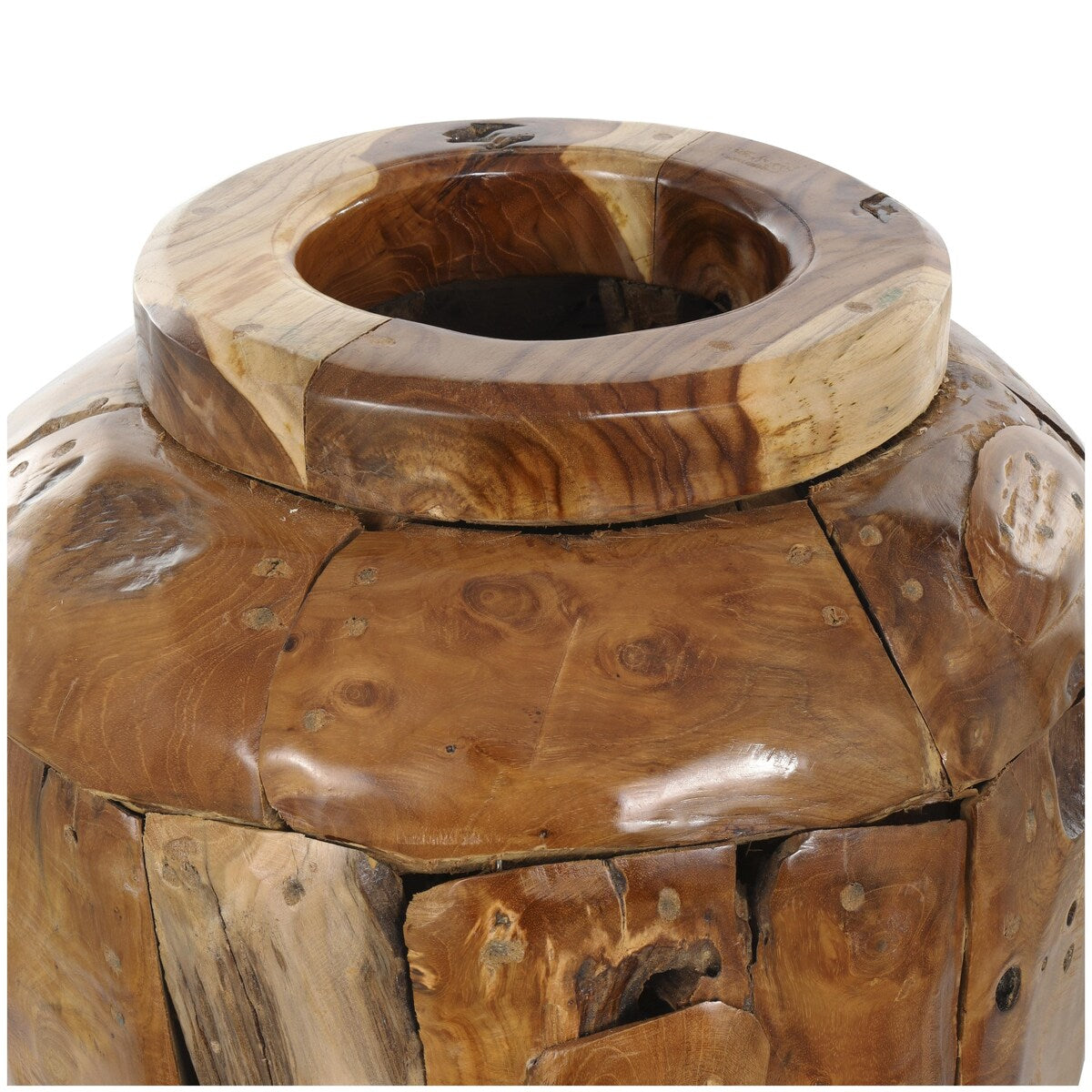 Teak Wood Handmade Floor Decorative Vase with Mosaic Live Edge Pieces - Brown - Roche River Decor