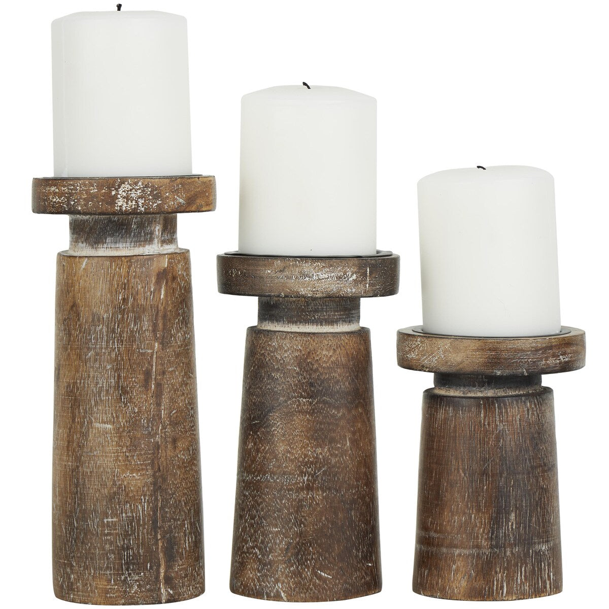 Mango Wood Handmade Carved Pillar Decorative Candle Holder - Set of 3 Light Brown or Brown - Roche River Decor