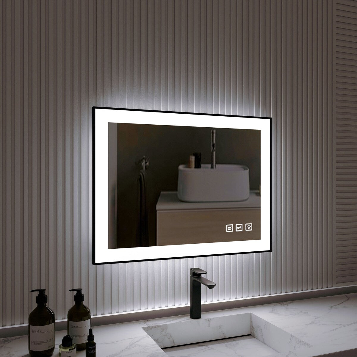 Organnice Rectangular Framed LED Anti-Fog Bathroom Wall Mirror in Black with Backlit and Front Light