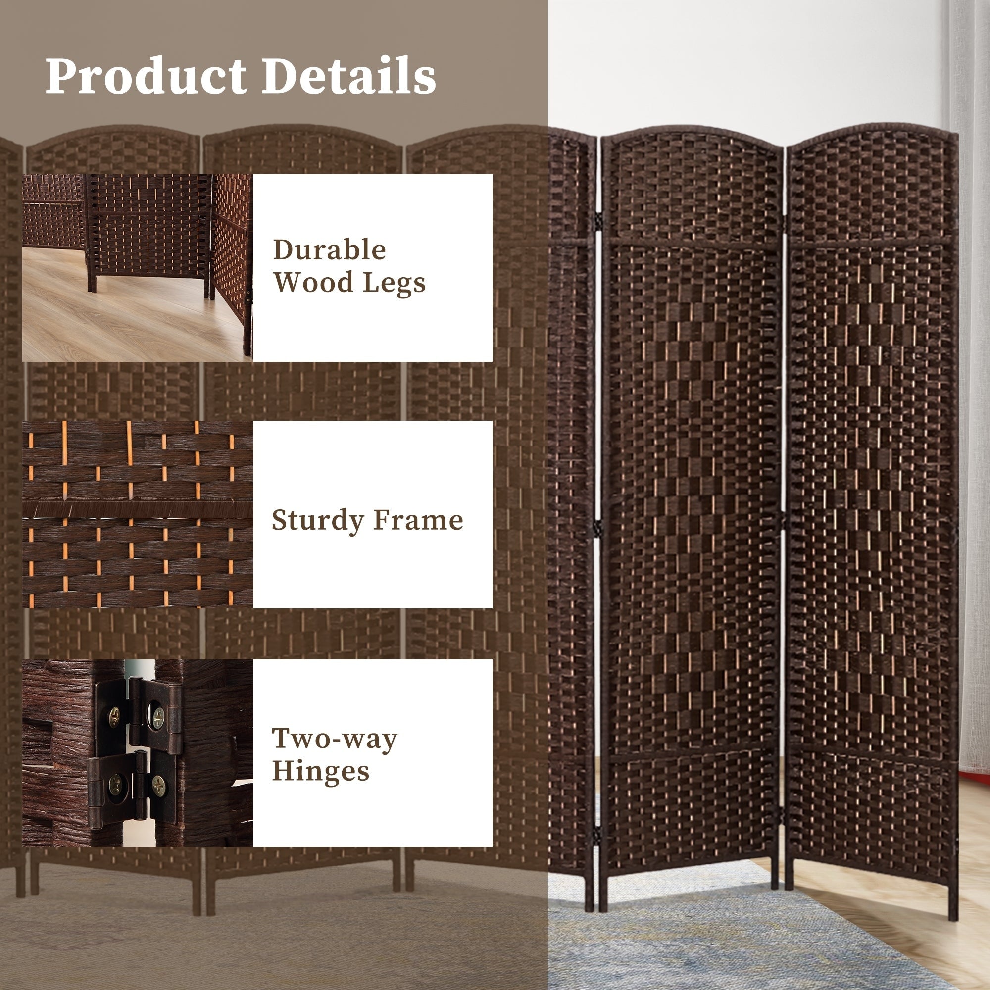 Room Divider 6 FT Tall Weave Fiber Freestanding Privacy Screen Folding Screen