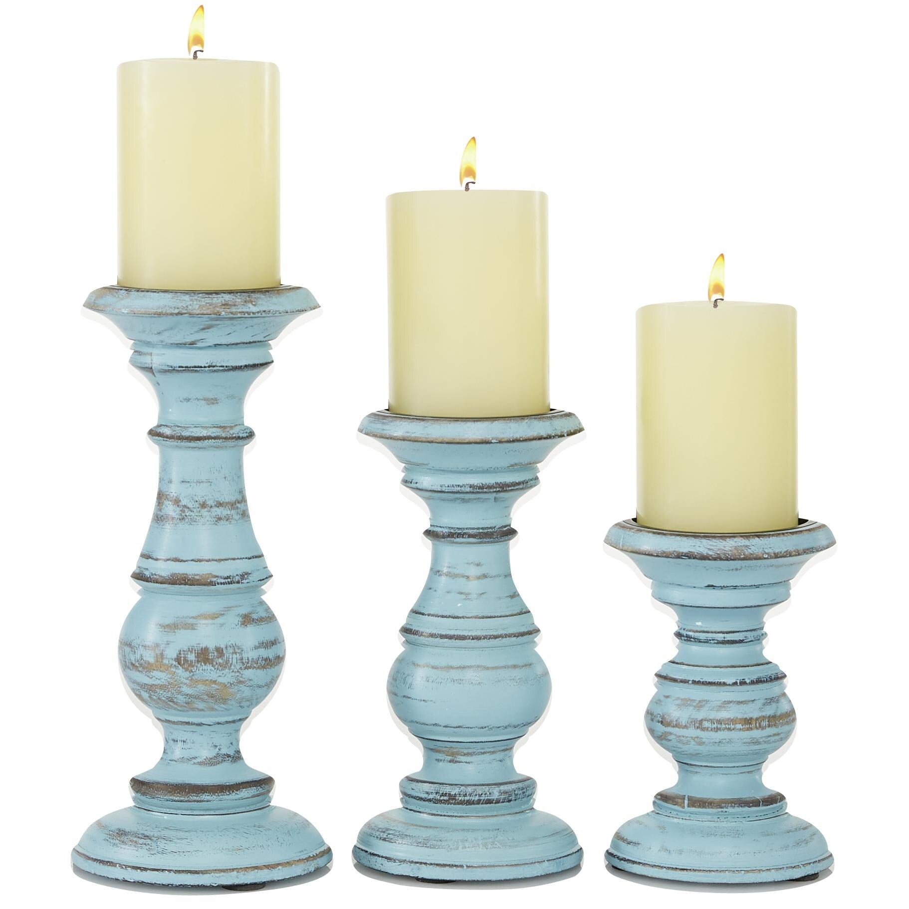 Mango Wood Turned Style Pillar Candle Holder (Set of 3) - White, Brown, Gold, Black, Light Blue, Cream, Silver