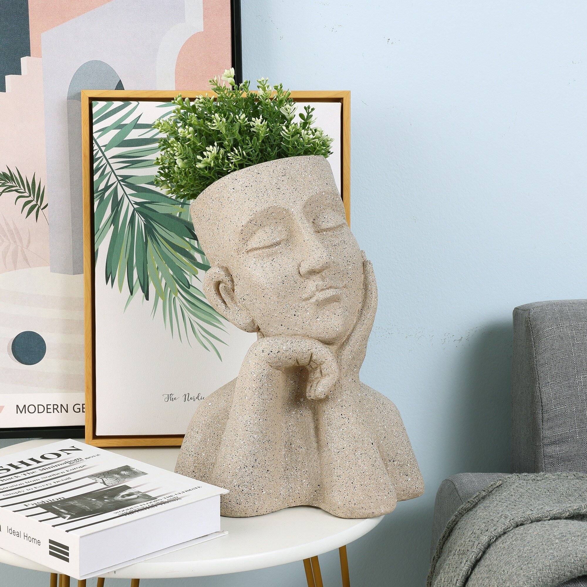 Speckled Beige Thoughtful Bust Head MgO Indoor/ Outdoor Statue Planter