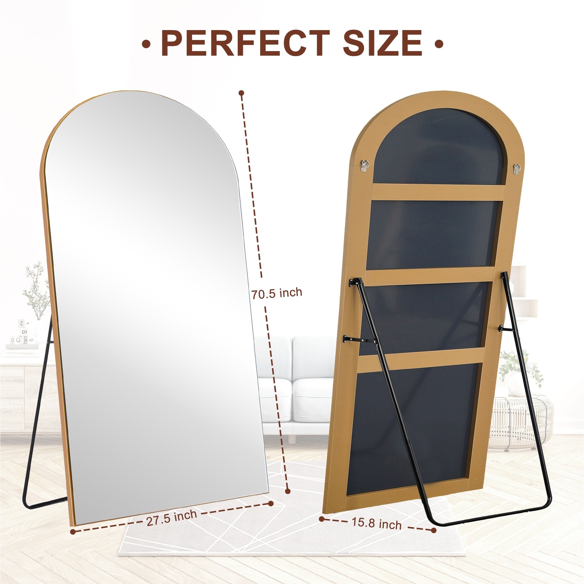 Modern Arched Full-Length Wood Floor Standing Mirror