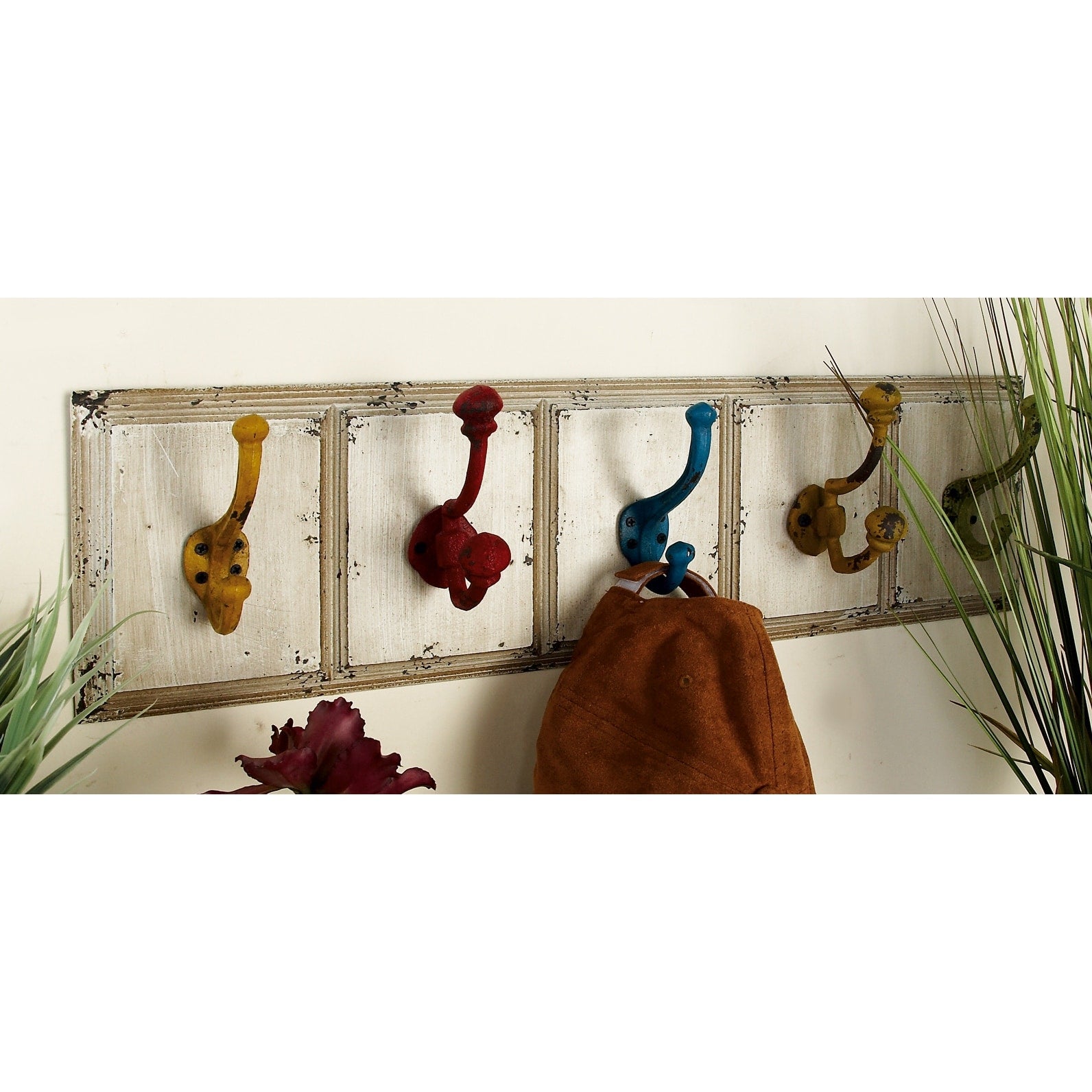 Wooden 5 Hangers Wall Hook with Multi Colored Hooks - White - Roche River Decor - 4W x 24L x 7H