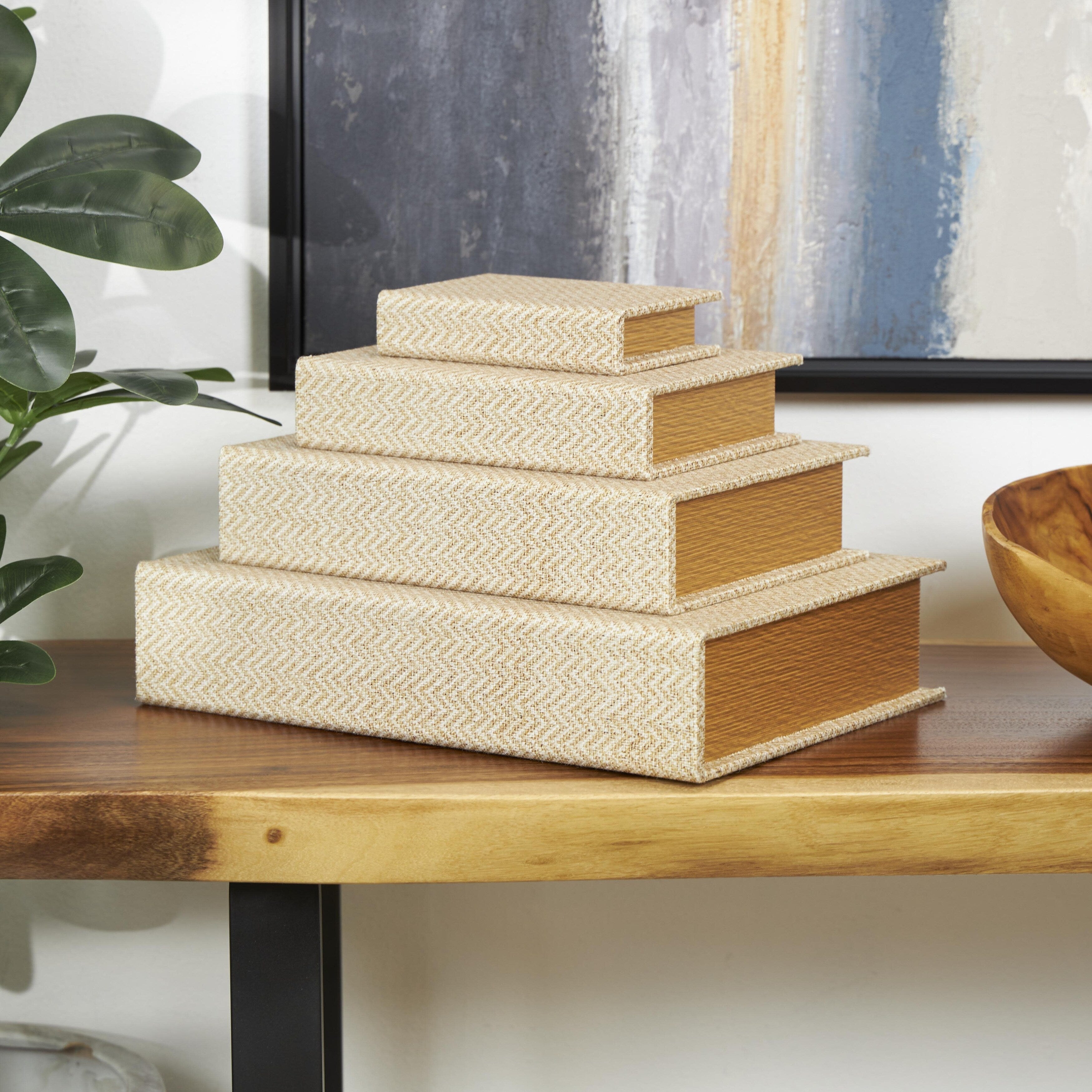 Linen Leather or Wooden Fabric Storage Book Decorative Box - Set of 3 or 4 Multi Colored - Roche River Decor