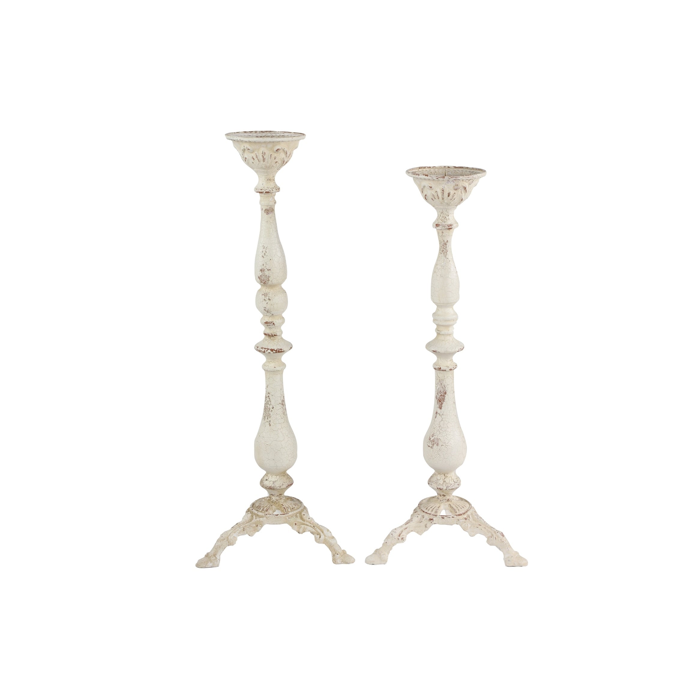 Vintage White Metal Candle Holders with Turned Columns and Tripod Bases Set of 2 12 x 33 12 x 30 - 12 x 12 x 33