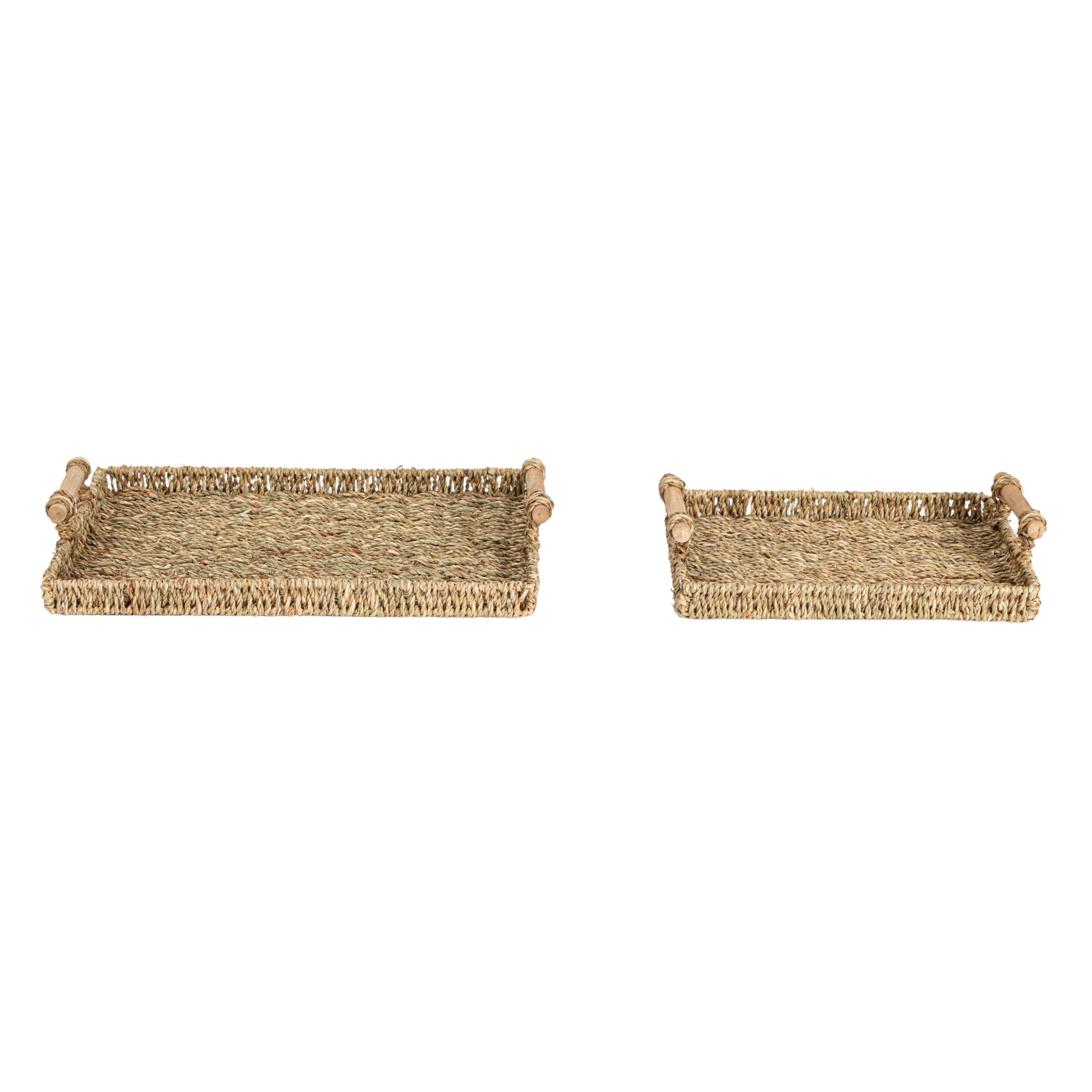 Household Essentials Handwoven Seagrass Tray Set with Wood Handles, Set of 2 - 15.7L x 9.8W x 3.1H