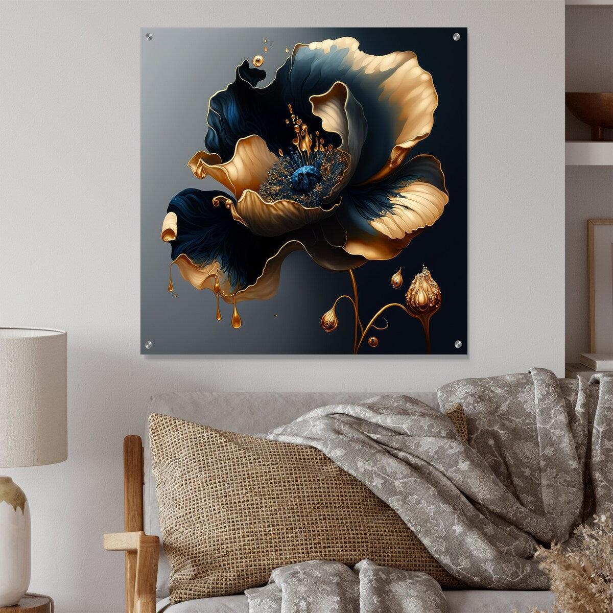 Designart Deep Blue And Gold Single Flower II Floral Gloss Wall Decor Blue - Traditional Acrylic Wall Art Decor