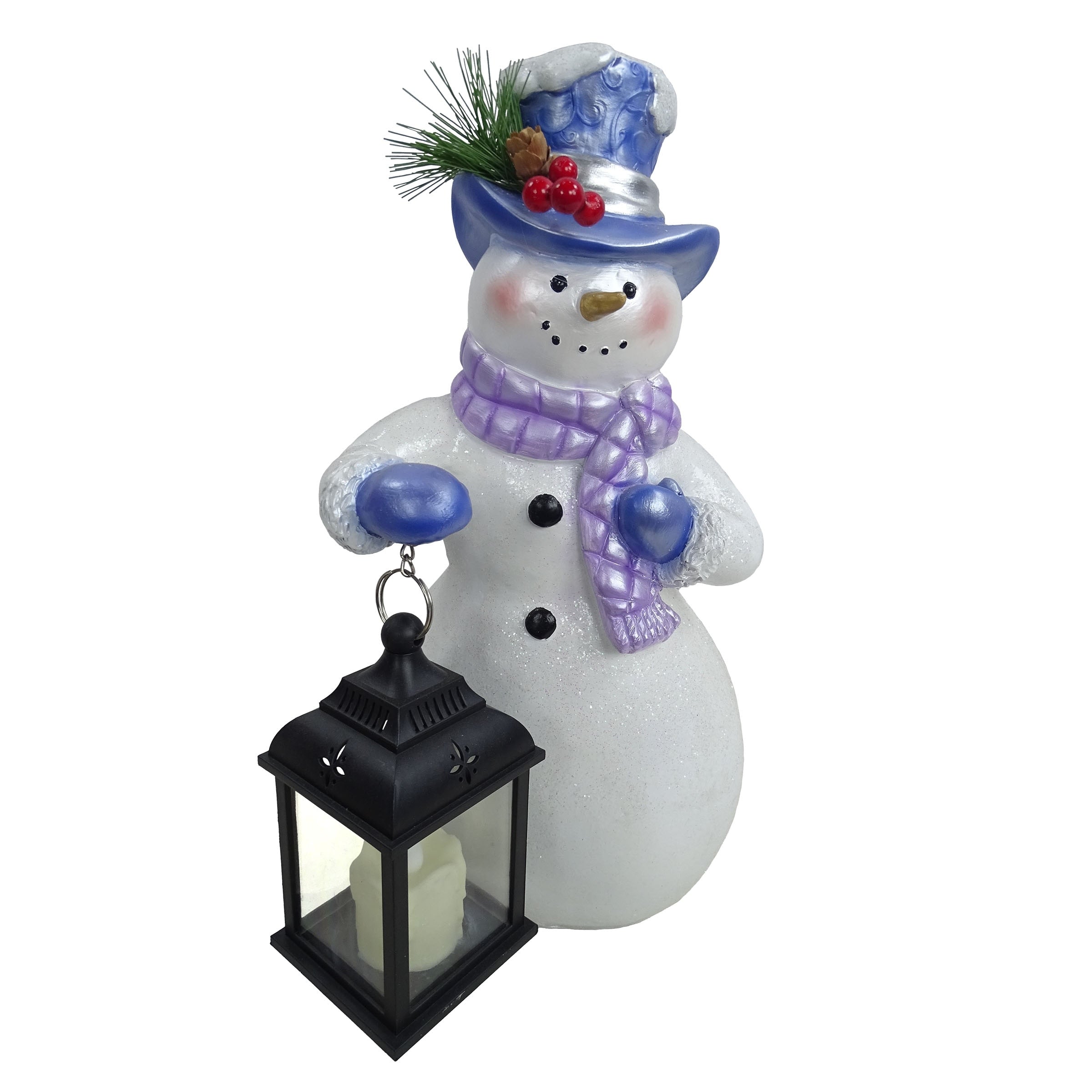 Lavender Winter Snowman Holding Lantern Statue w/Flash LED-SM - 14 H